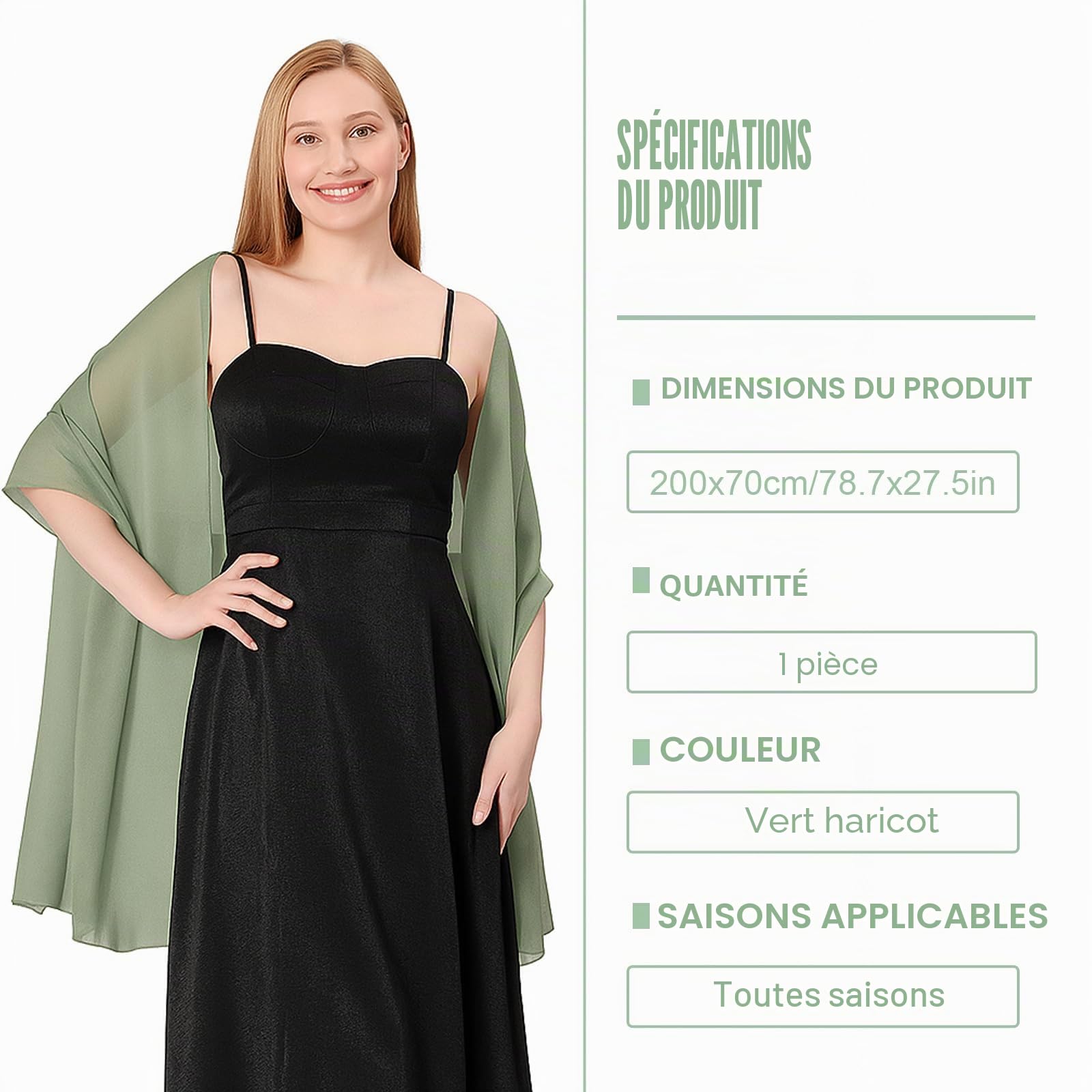 Maxmoc Étole festive pour femme - En mousseline de soie - Élégante - Pour robe de soirée - Multifonction - Pour robe de soirée, robe de mariée, mariage d'été (200 x 70 cm)