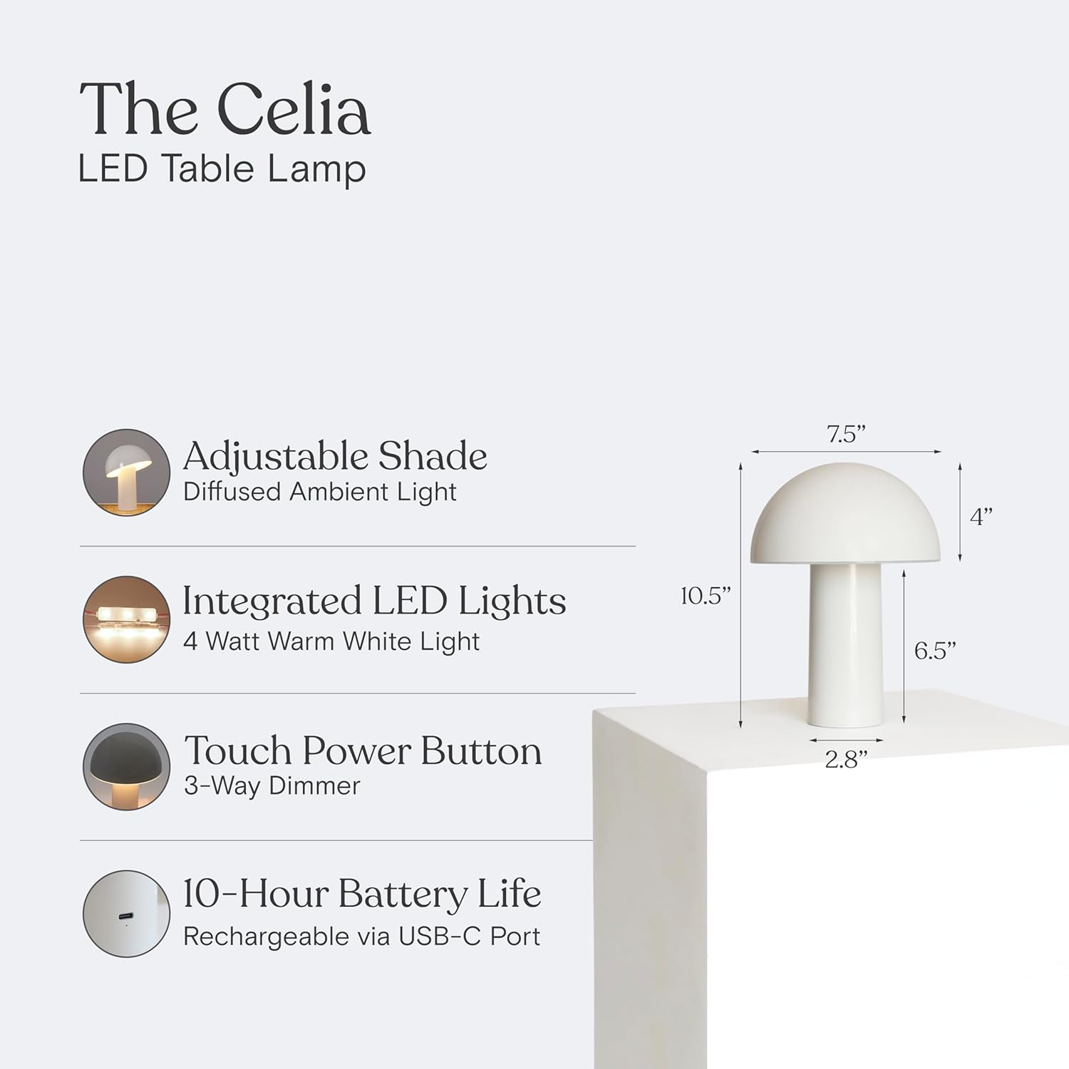 Brightech Celia Table Lamp – 10" Touch-Controlled Mushroom Desk Lamp, Cordless & Dimmable LED, Portable Bedside Night Light, Sustainable Mood Light, Recycled Modern Patio Lamp for Home Décor – Cream