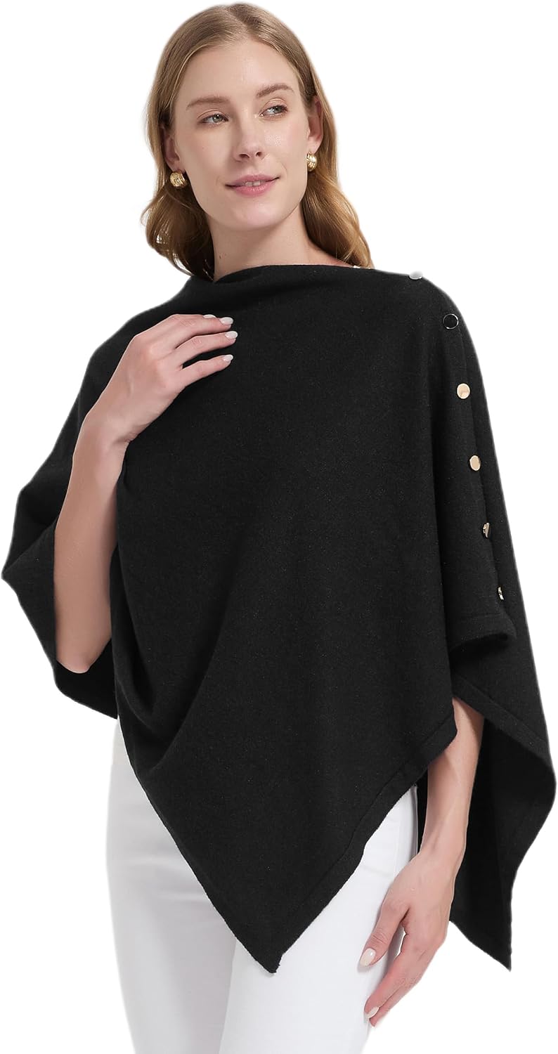 Wool Blend Poncho Wrap – Lightweight Buttoned Shawl for Women image 2