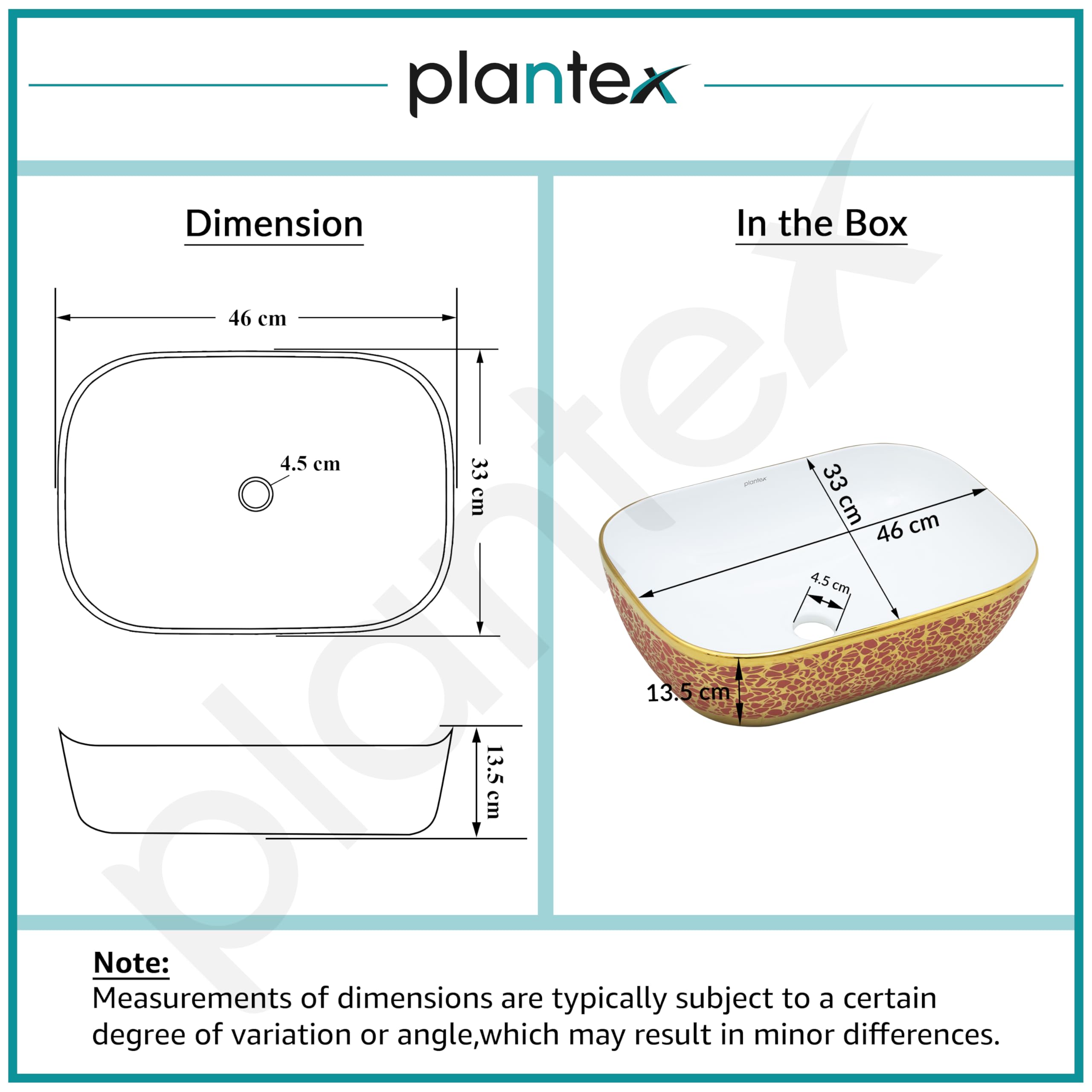 Plantex Ceramic Washbasin for Bathroom/Designer Countertop Basin/Rectangle Tabletop Wash Basin for Home/Office/Hotel (18x13x5 Inch - White & Gold) 1
