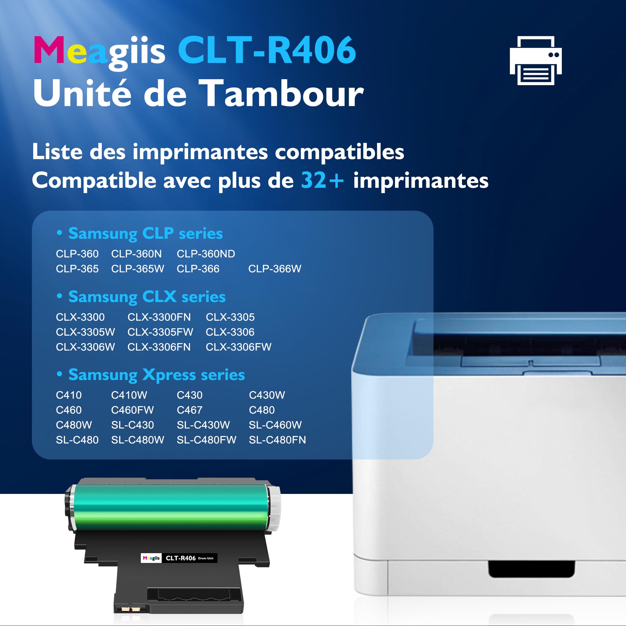 CLT-R406 Unité de Tambour Compatible pour Samsung CLT-R406 R406 pour Samsung Xpress C480W C480FW C480 C460W C430W C460FW C410W CLP 365W CLP-365W CLP360 CLP-365 CLX-3305 CLX-3300 (1 Paquet)