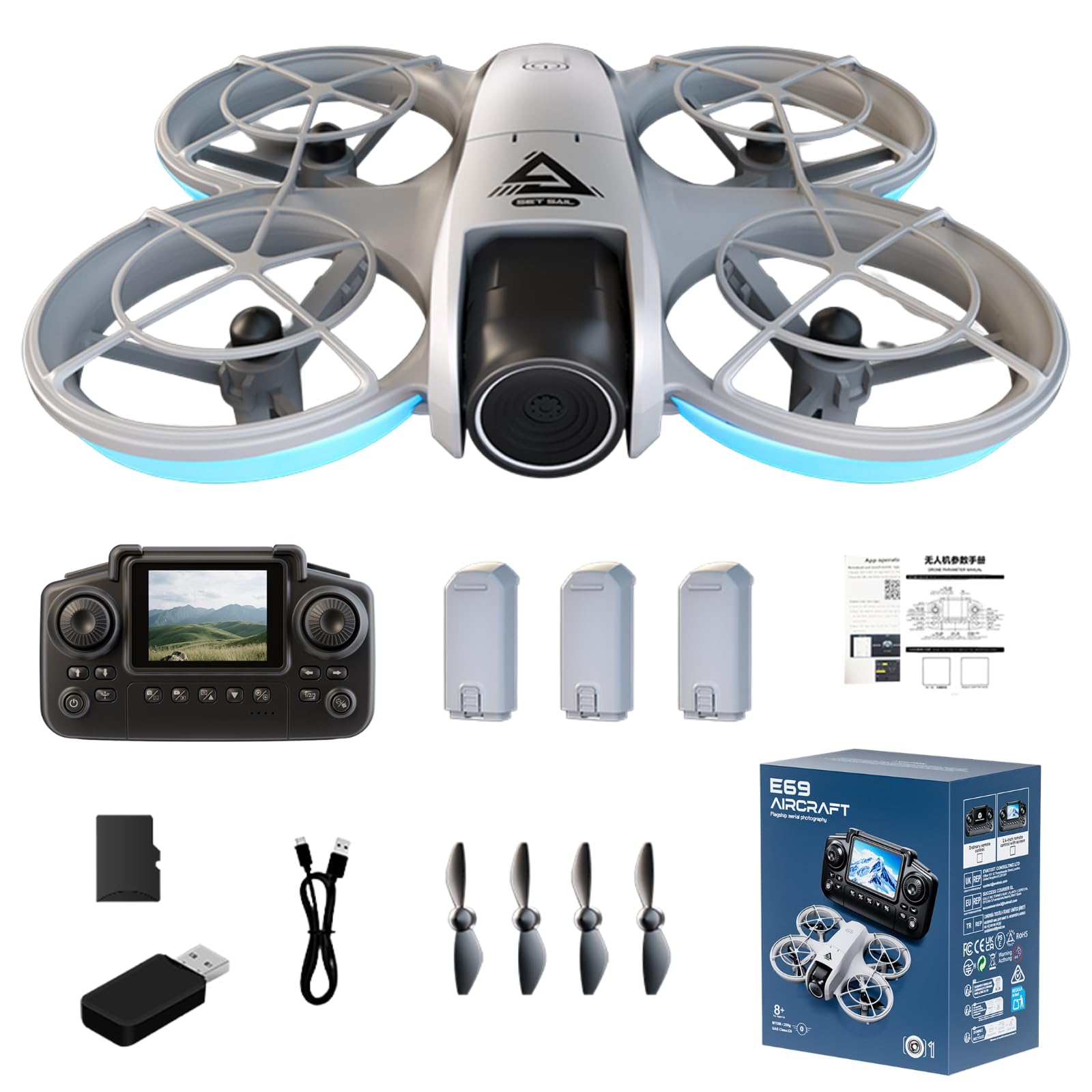 Drone with HD Camera Propeller Safety Protection, Headless Mode One-Key Takeoff/Landing Rolling Hovering E69 Mini Drones Quadcopter with Screen Controller 3 Batteries for Adult Beginners-image-41