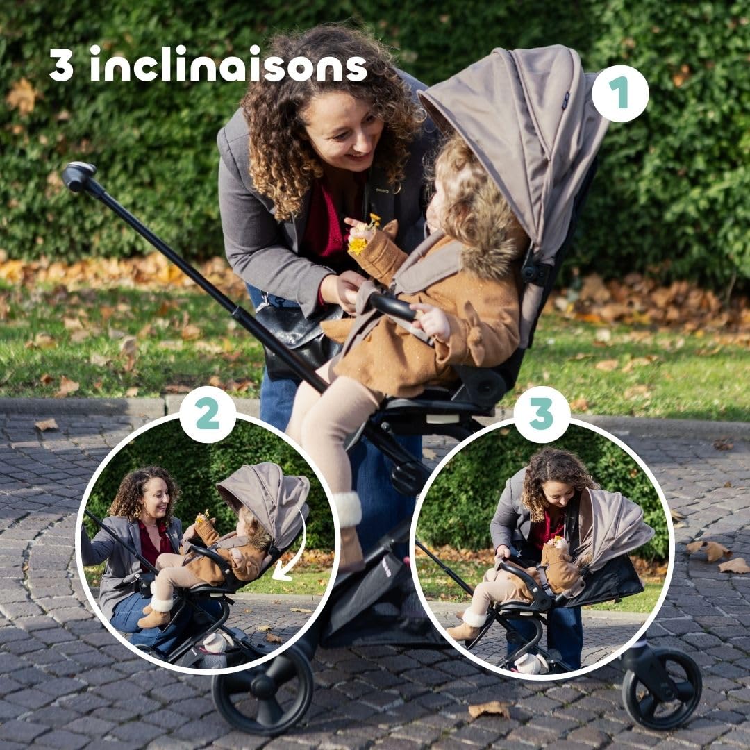 Poussette BÉABA x Micro Mobility Baby Cruiser, Dès la Naissance, Assise Rotative 360°, 7 Positions 3 Inclinaisons Pliage Une Main, Chaise Haute, Roues LED, Harnais 5 Points, Canopy XXL UPF 50+, Pralin