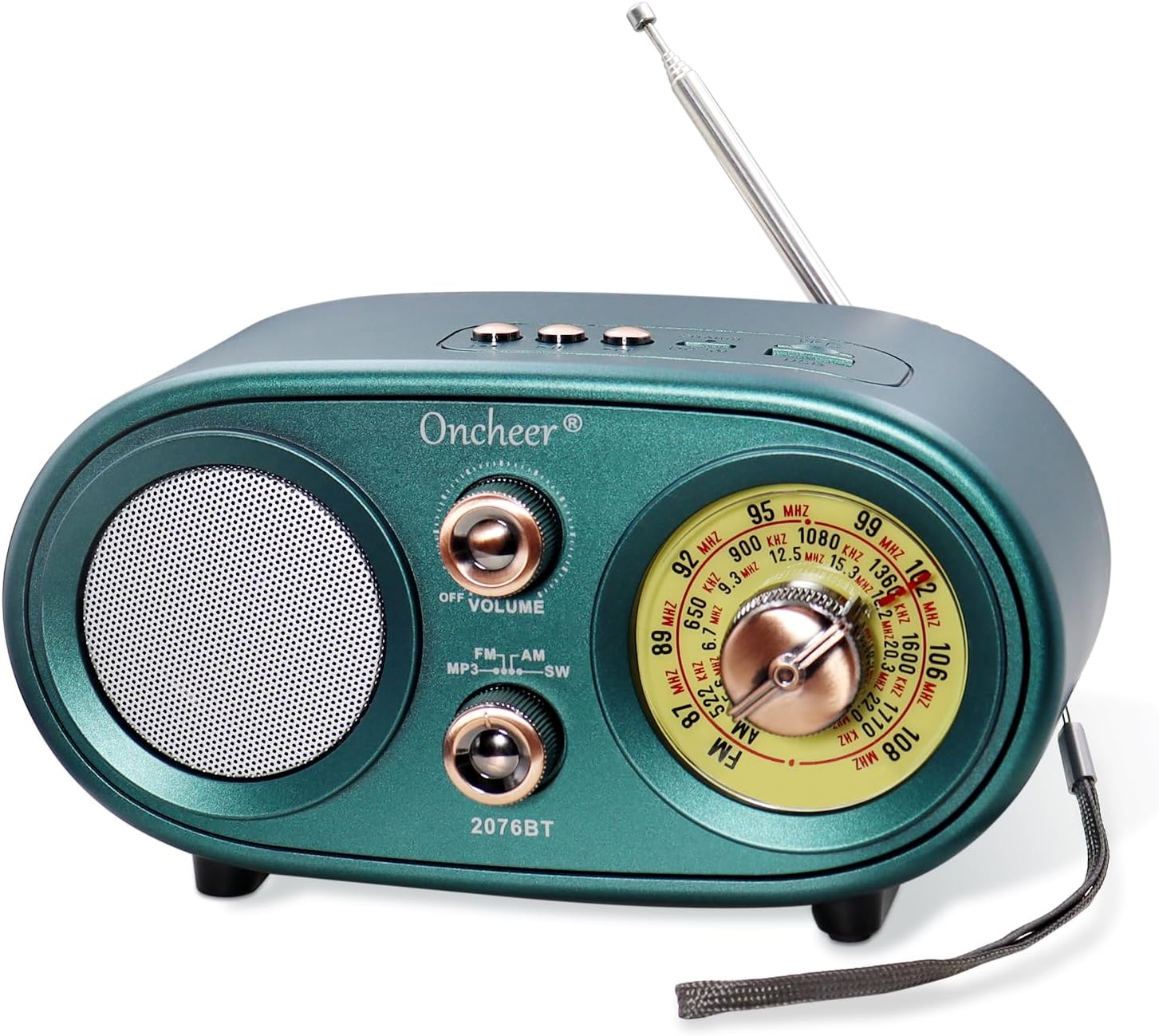Oncheer Portable Retro Vintage Bluetooth Speaker Radio, FM/AM/SW 3 Band, Adjustable Antenna, Battery Powered, Support TF Card, USB Playing Music, Home Decor Gifts for Friends Family -Greencolor