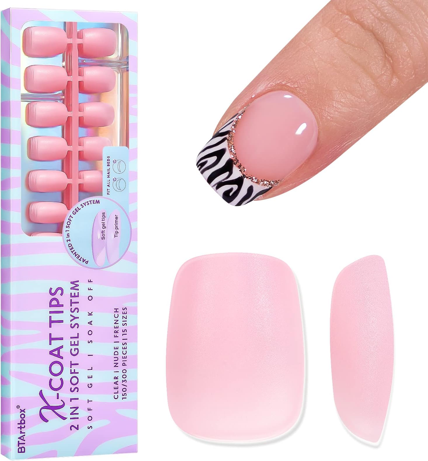 BTArtbox Short Square Nail Tips - 15 Size Square Soft Gel Nail Tips 2 in 1 Neutral X-coat Tips with Tip Primer Cover,Pre-shaped Full Cover Nail Tips for Nail Extension 150pcs Valentine Nail Home DIY