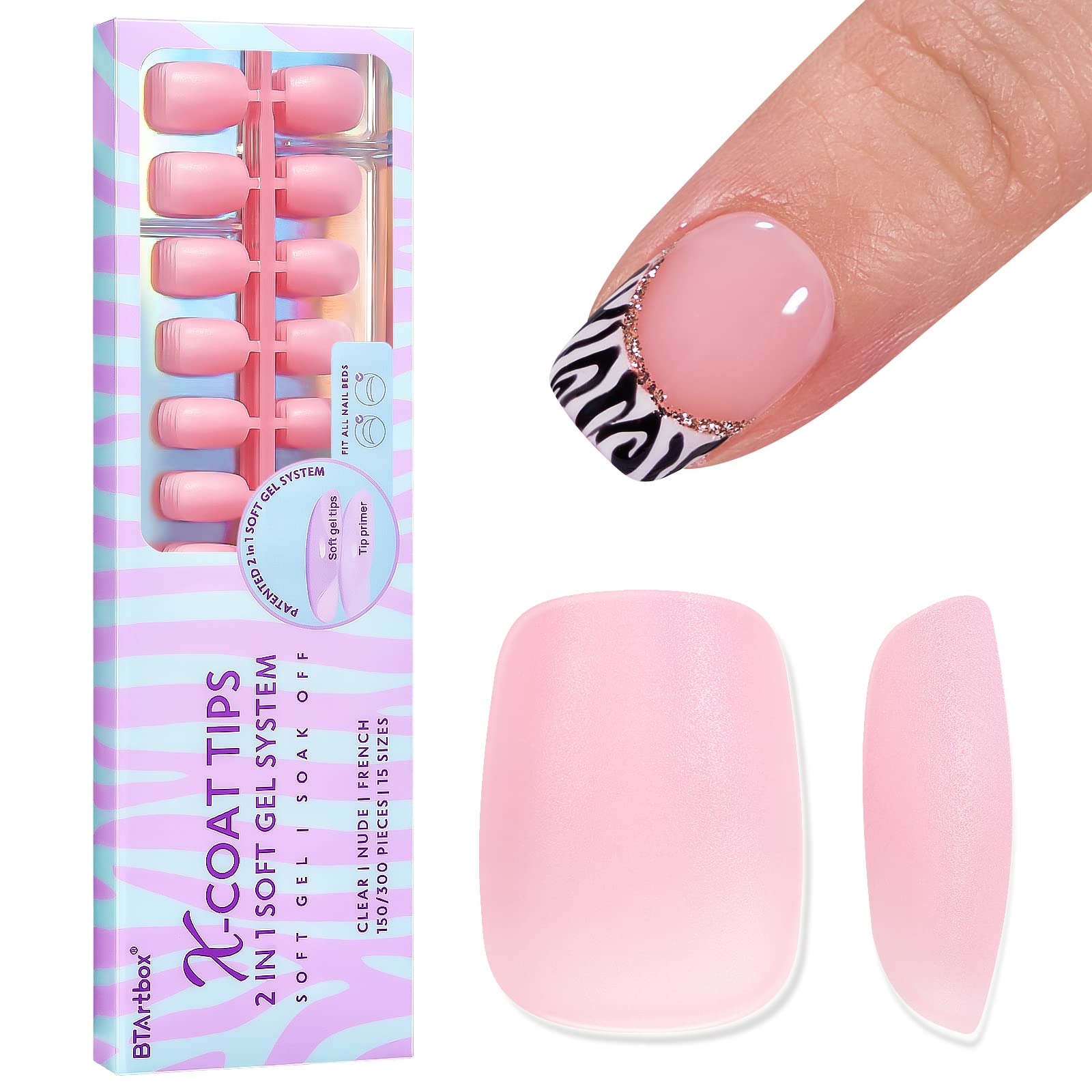 BTArtbox Short Square Nail Tips - 15 Size Square Soft Gel Nail Tips 2 in 1 Neutral X-coat Tips with Tip Primer Cover,Pre-shaped Full Cover Nail Tips for Nail Extension 150pcs Valentine Nail Home DIY