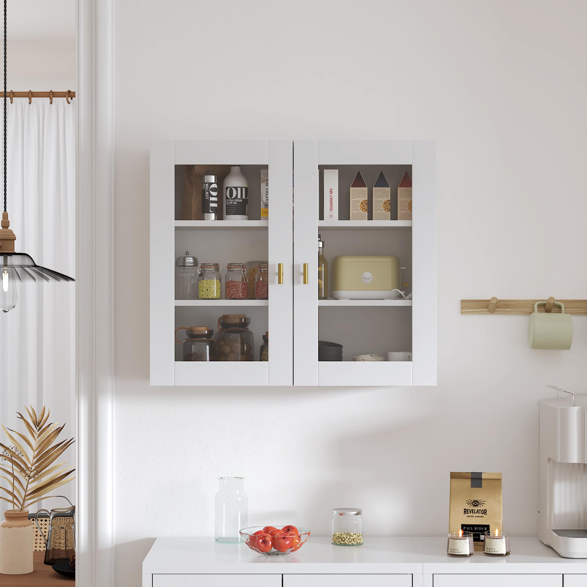 KEEPREAPER Hängeschrank 70cm Küchenhängeschränke mit 2 Glastüren, Wandschrank für Gewürze, Medizinschrank & Apothekerschrank Wandmontage, Geeignet für Küchen, Wohnzimmer, Flur (Weiß)