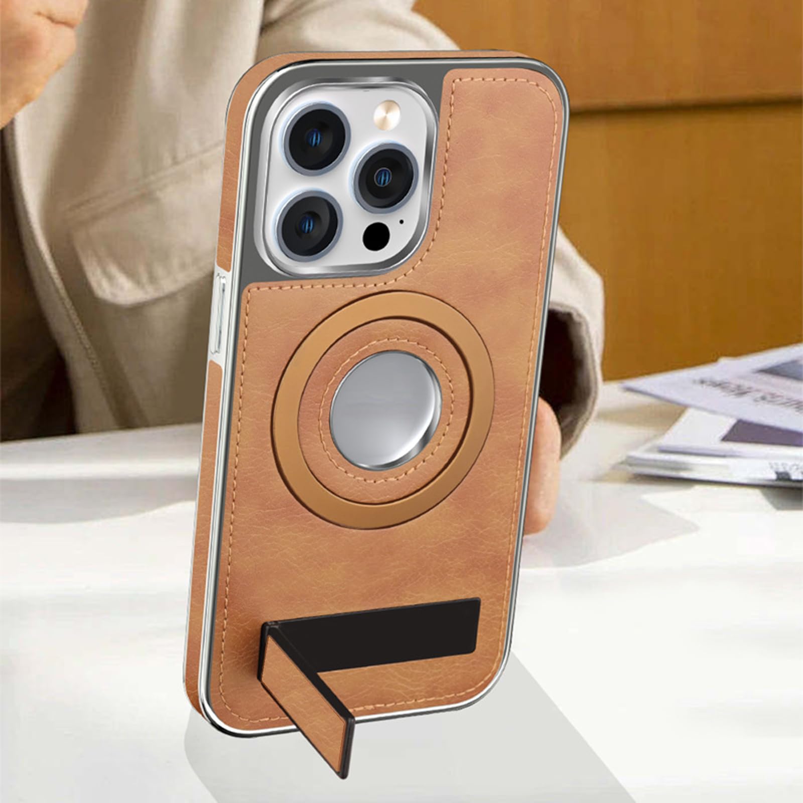 Etui na iPhone 16 Pro Max/16 Pro/16 Plus/16, ze stojakiem w stylu biznesowym magnetyczne skórzane etui na telefon logo widoczna powłoka ochronna, fioletowy, 16