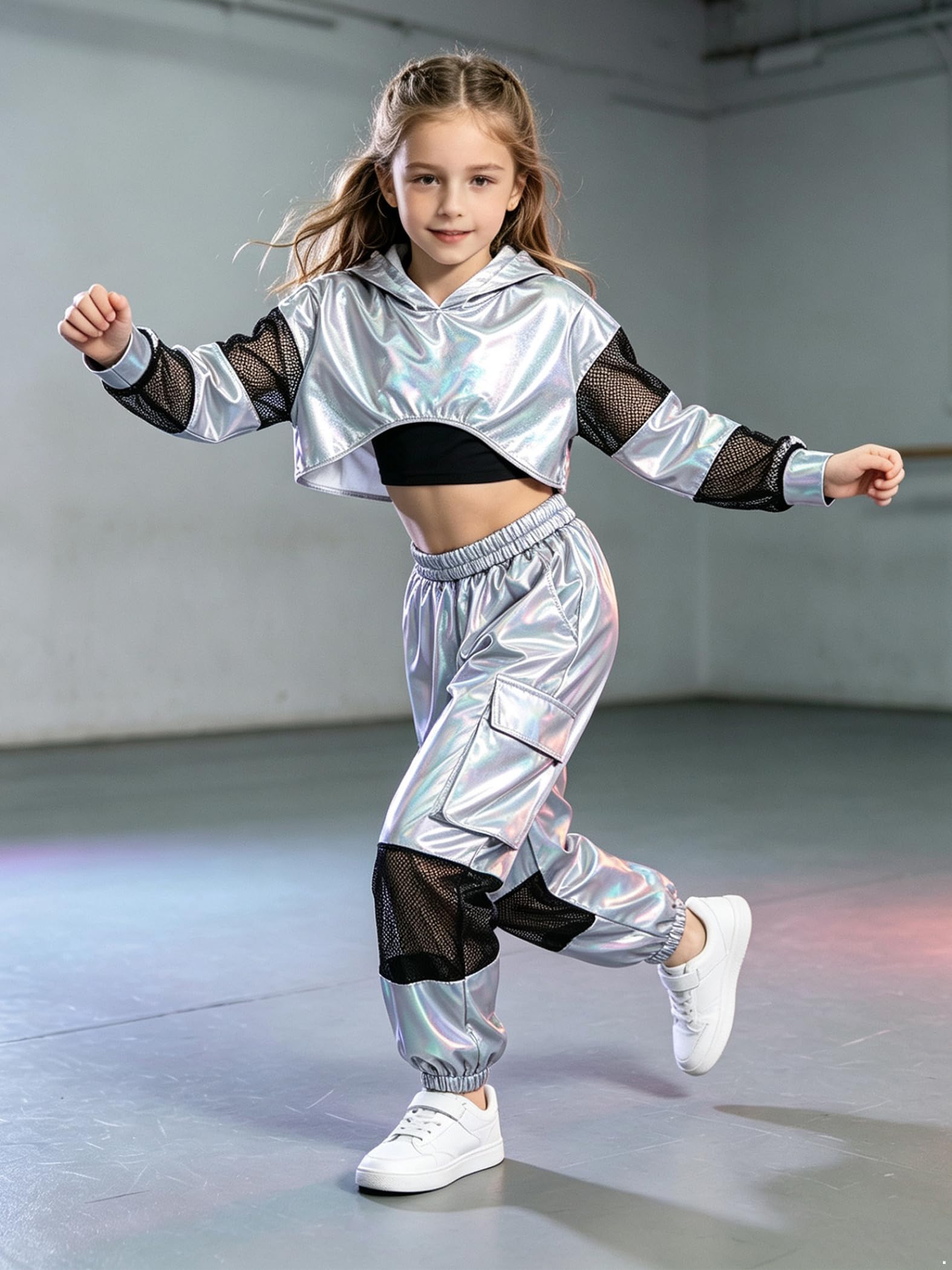Bambina Abito Metallico Set Abbigliamento Danza Abbigliamento Danza Argento 9-10 anni