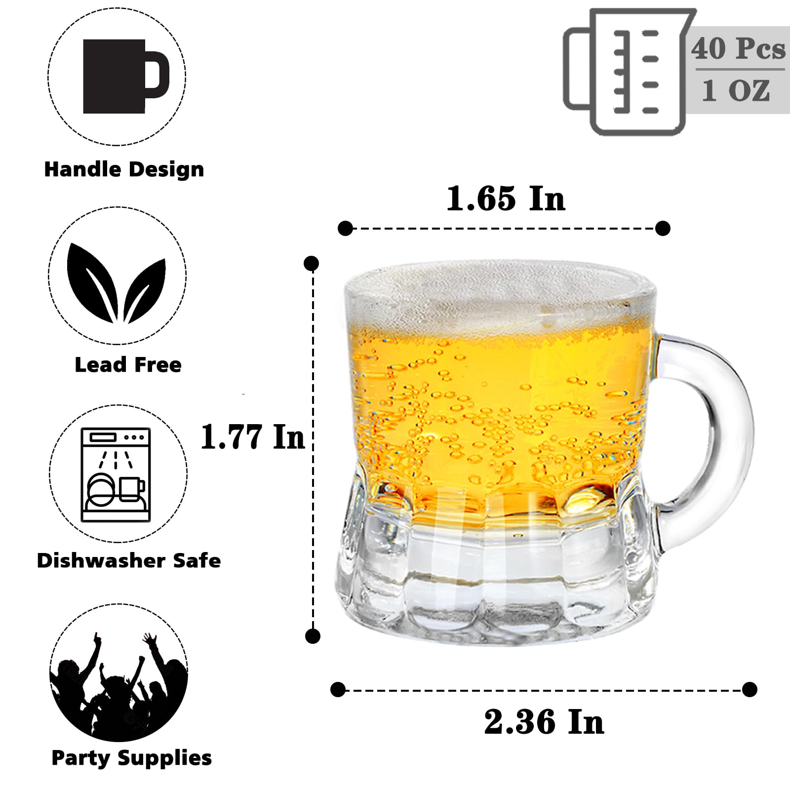 Mini tazas de cerveza, 40 vasos de chupito de vidrio real, vidrio transparente de 1 onza con asas, vasos de degustación de cerveza de base pesada para cervezas, whisky, tequila, vodka
