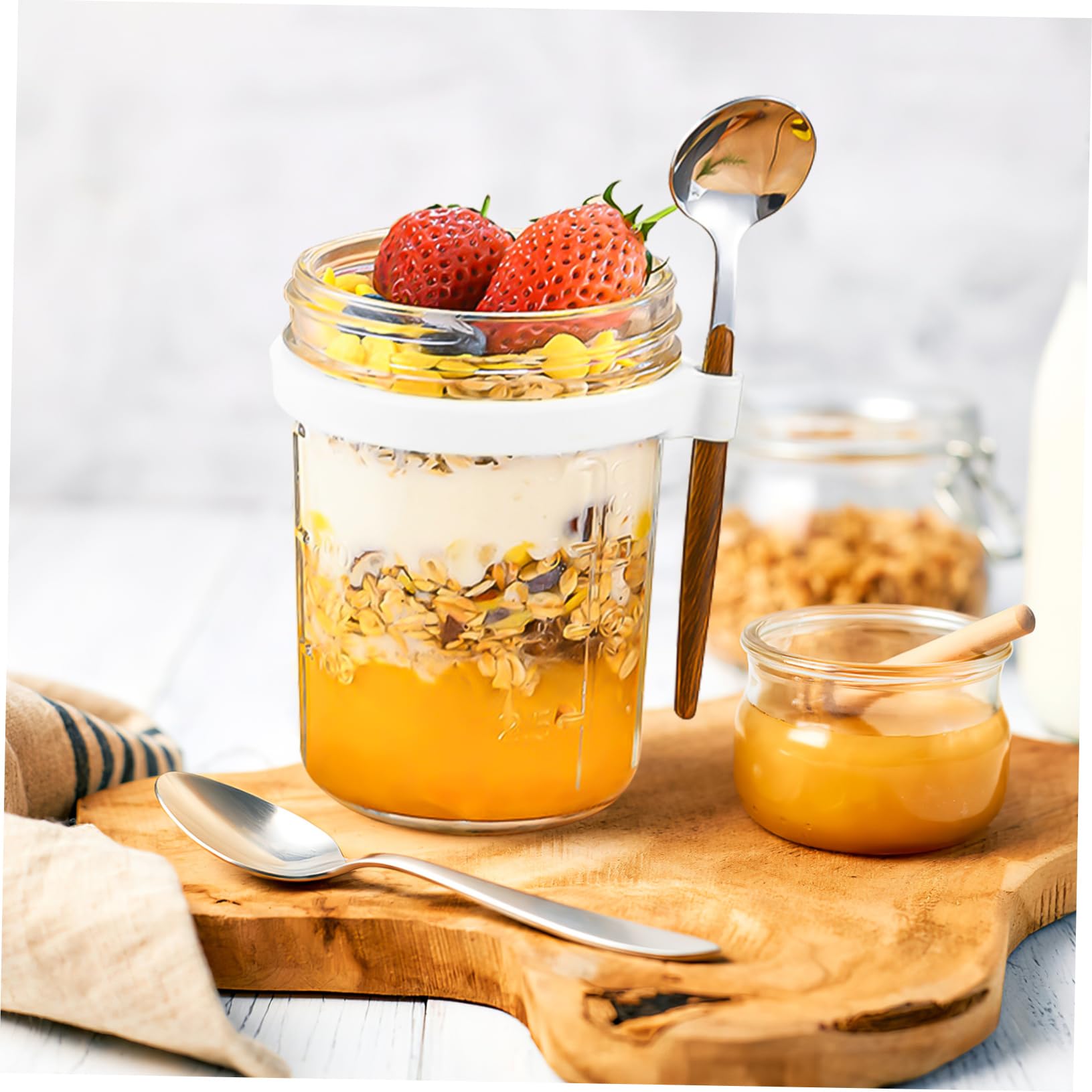 SOLUSTRE 4 Stück Teiliges Einmachglas mit Deckel und Löffel Luftdichter Großer Glasbehälter für Joghurt Frühstück Vielseitiger Küchen Vorratsglas für Büro und Picknick