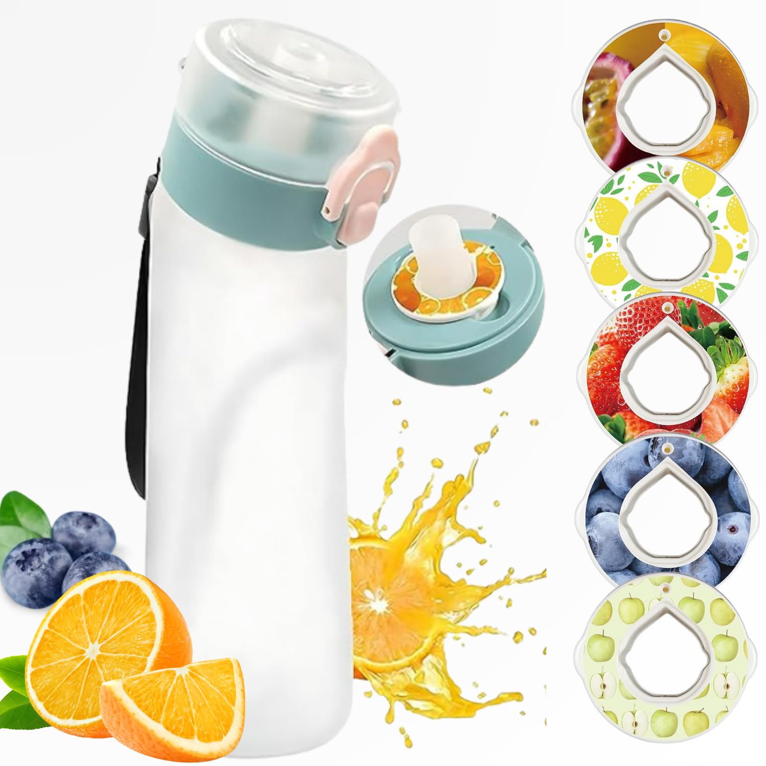 ABBISENSE™ Luftflasche, BPA-frei, Tritanflasche, 750 ml, 6 Kapseln mit Fruchtgeschmack, zuckerfreies Wasser, auslaufsicherer Deckel und ergonomischer Strohhalm, ideal für Erwachsene und Kinder