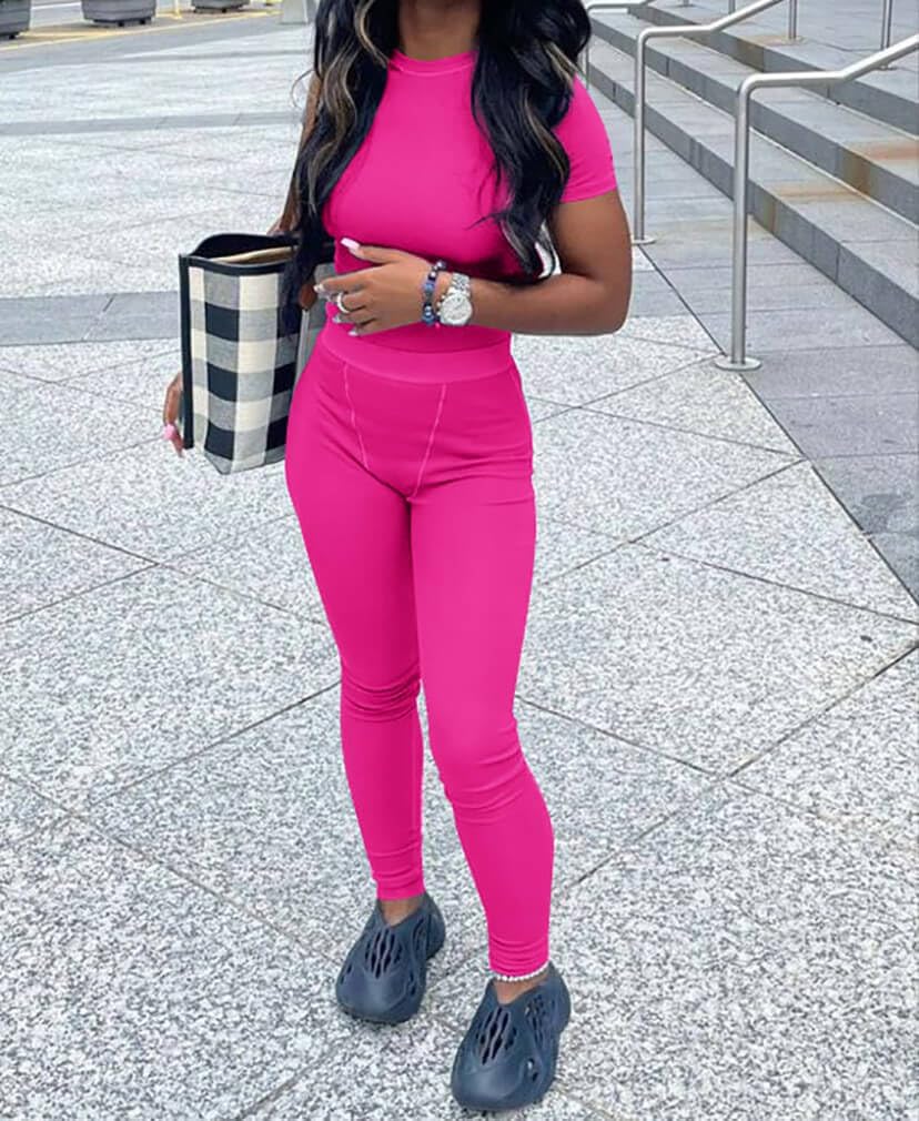 ZFLM Casual Workout Two Piece Outfits for Women Fitted Crew Neck T-shirt High Waist Pants Matching Sets Streetwear - Image 3