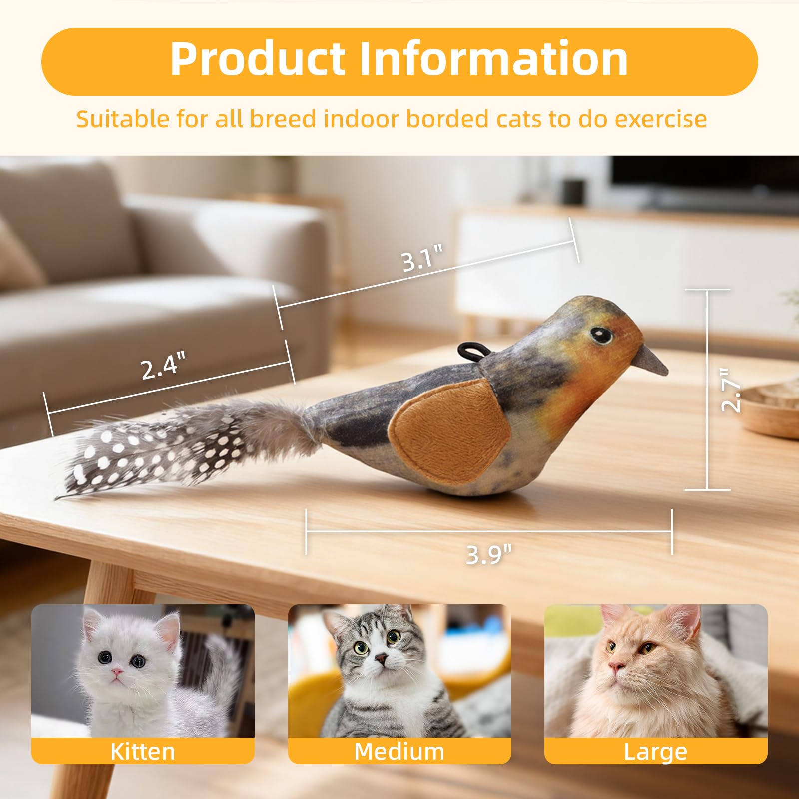 Tocirelo Interaktives Katzenspielzeug Vogel – Realistisches interaktives Katzenspielzeug für Indoor-Katzen mit Katzenminze und Feder, 3 Stück, hängende Zwitscher-Vogel-Katzenspielzeug, gelangweiltes