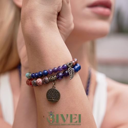 Miniatura 2 de Bivei Natural Semi Precious Gemstone beads bracelet for women - Tree of Life and Leaf Charm Energy Healing Reiki Crystal Stretch Bracelets