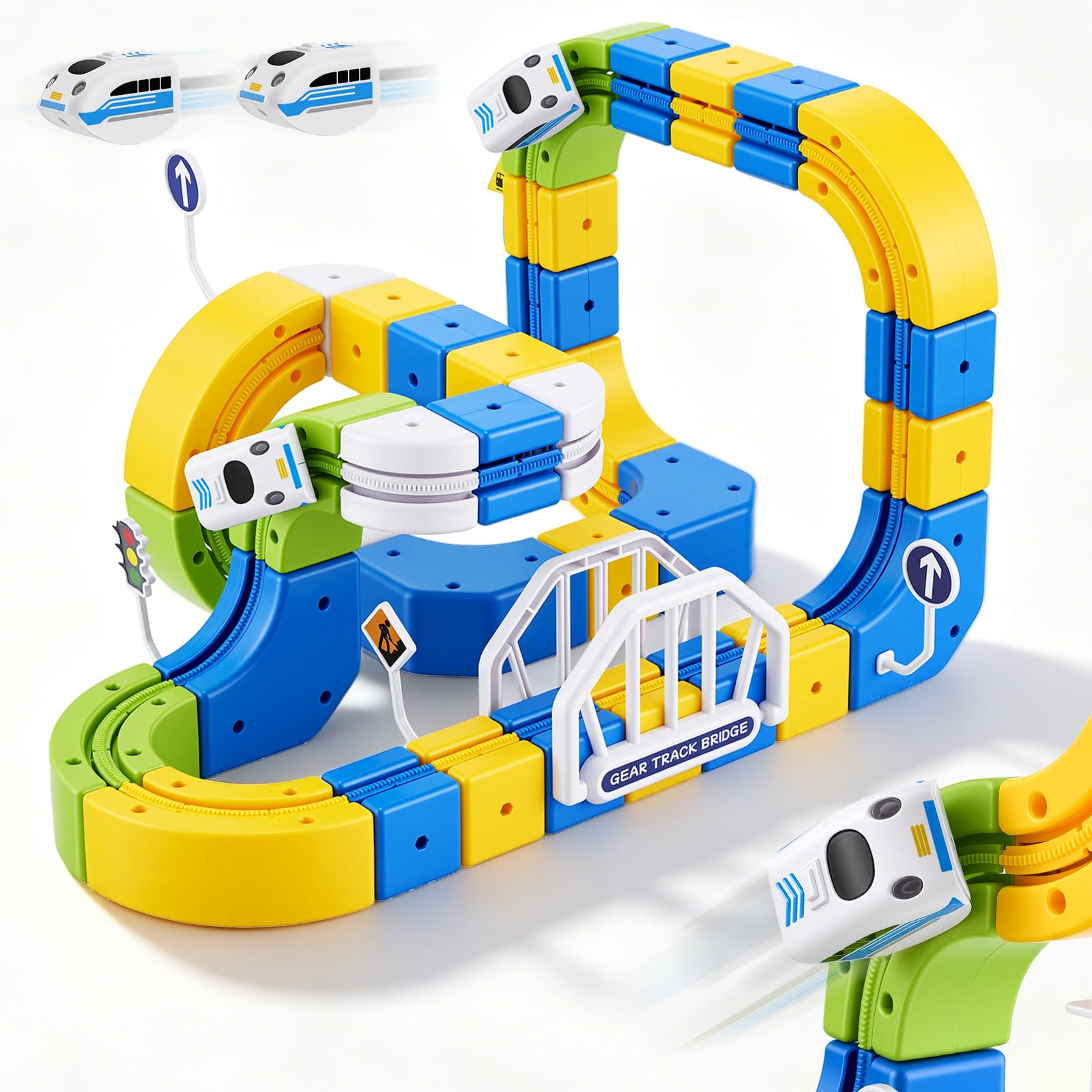 VeftBltrem 124-Piece Magnetic Train Set, 3D Gravity-Defying Electric Train Track System, Track Fusion Toy with Train, Traffic Signs & 36 Cube Tracks, Magic Rail Cube Track Kids Toy for Boys & Girls