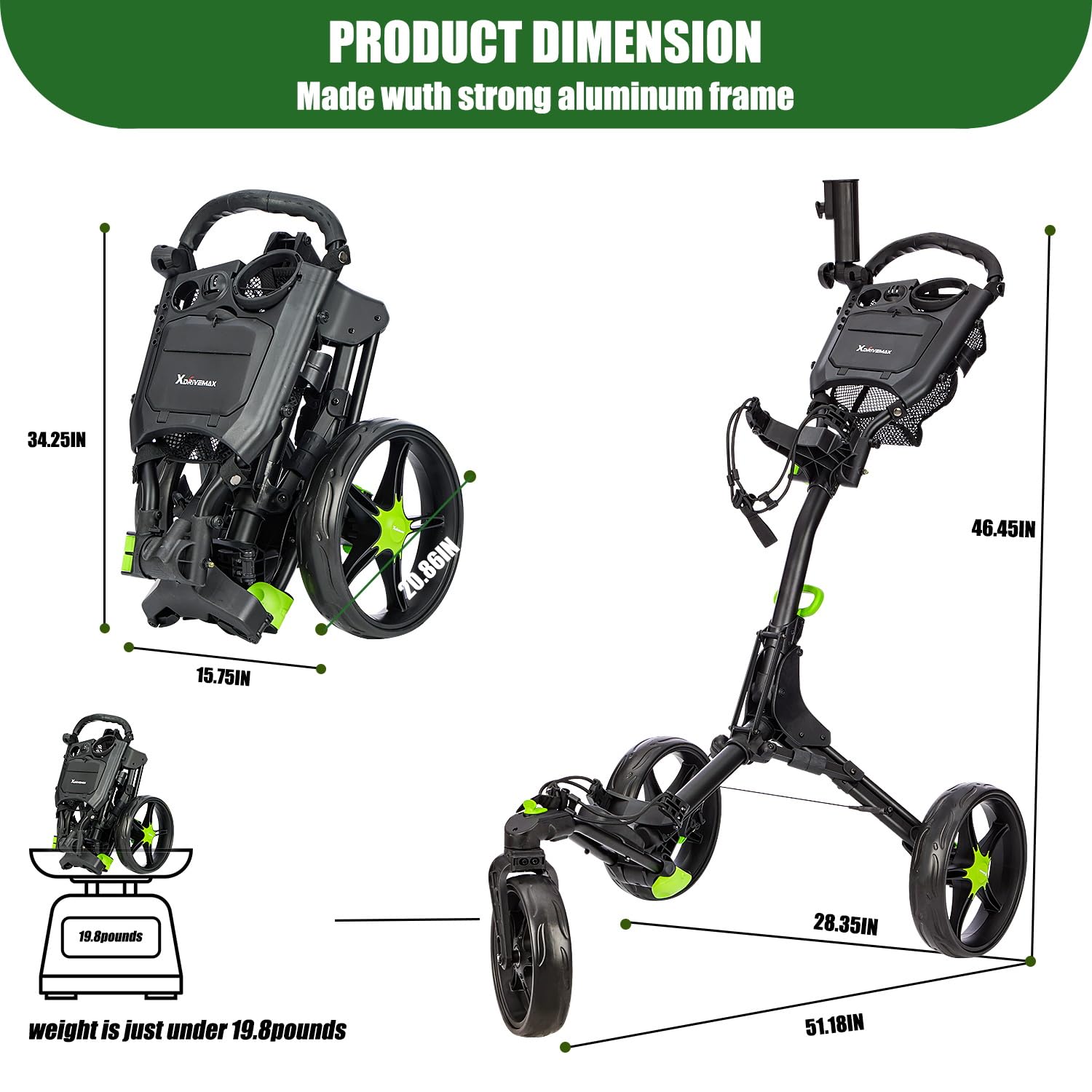 XDriveMax GC03 - Carro de golf giratorio 360 con 3 ruedas, plegable, con soporte para paraguas y compartimento de almacenamiento premium (verde)