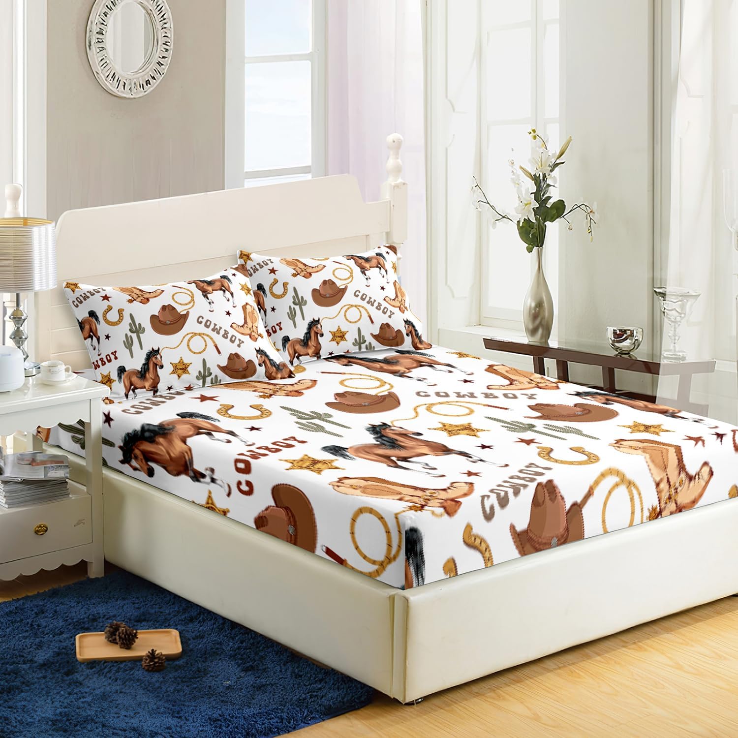 Western Horse Fitted Sheet 3Pcs Full Wild Brown Horse Cowboy Boot Cactus Bedding Set for Kid Teen Girl Boy Adult Horsewhip Badge Sheet Bed Decor with 1 Fitted Sheet+2 Pillowcases No Flat Sheet - Image 4