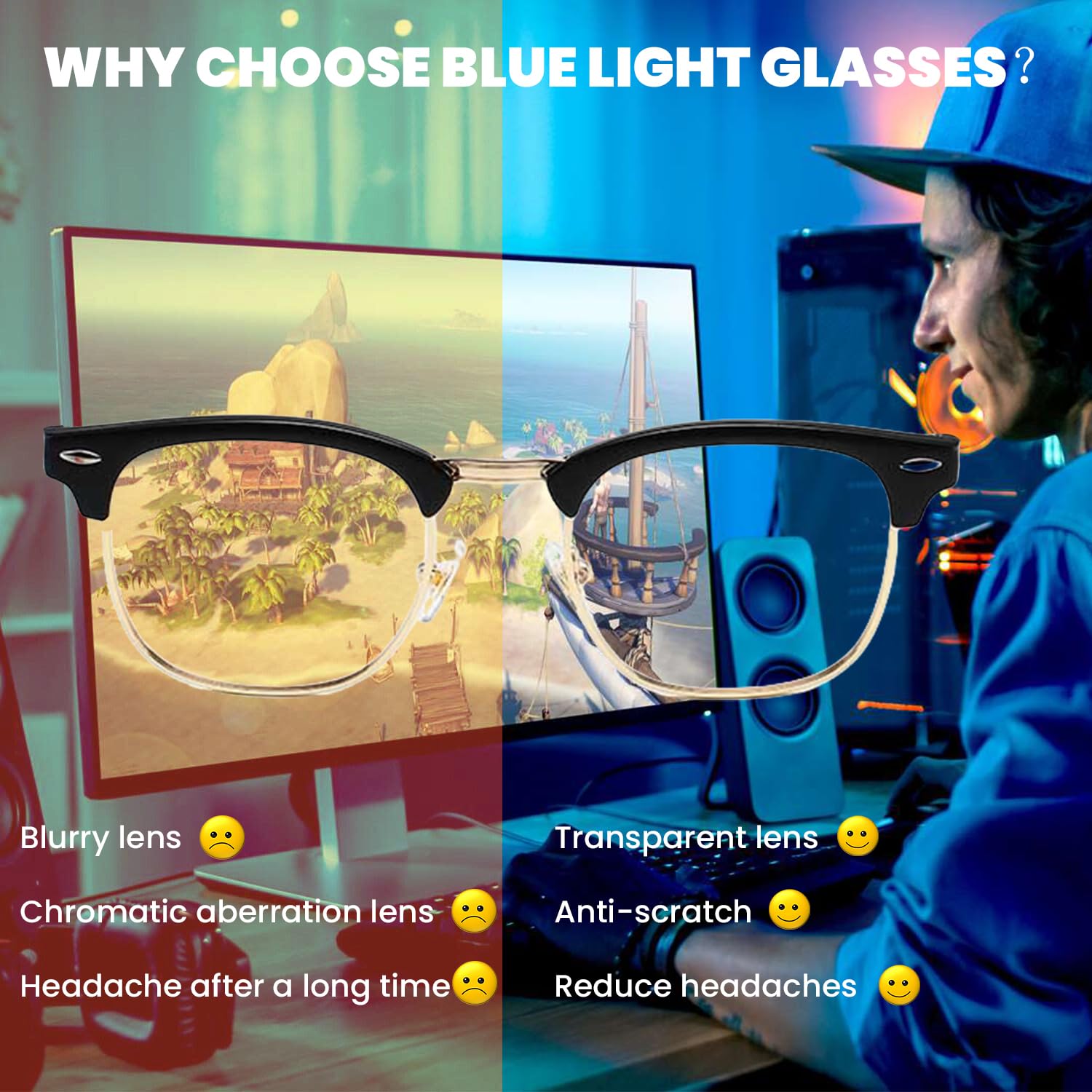 GYU Lunettes de lumière bleue - Bloque la lumière bleue - Pour jeux, lecture, télévision, ordinateur avec blocage de la lumière bleue