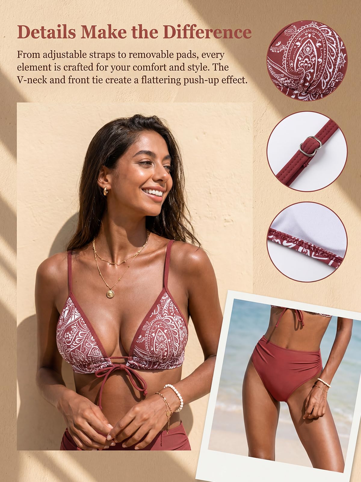 CUPSHE Damski zestaw bikini z wysokim stanem dekolt w serek dwuczęściowy strój kąpielowy sznurek z tyłu hak regulowane paski strój kąpielowy