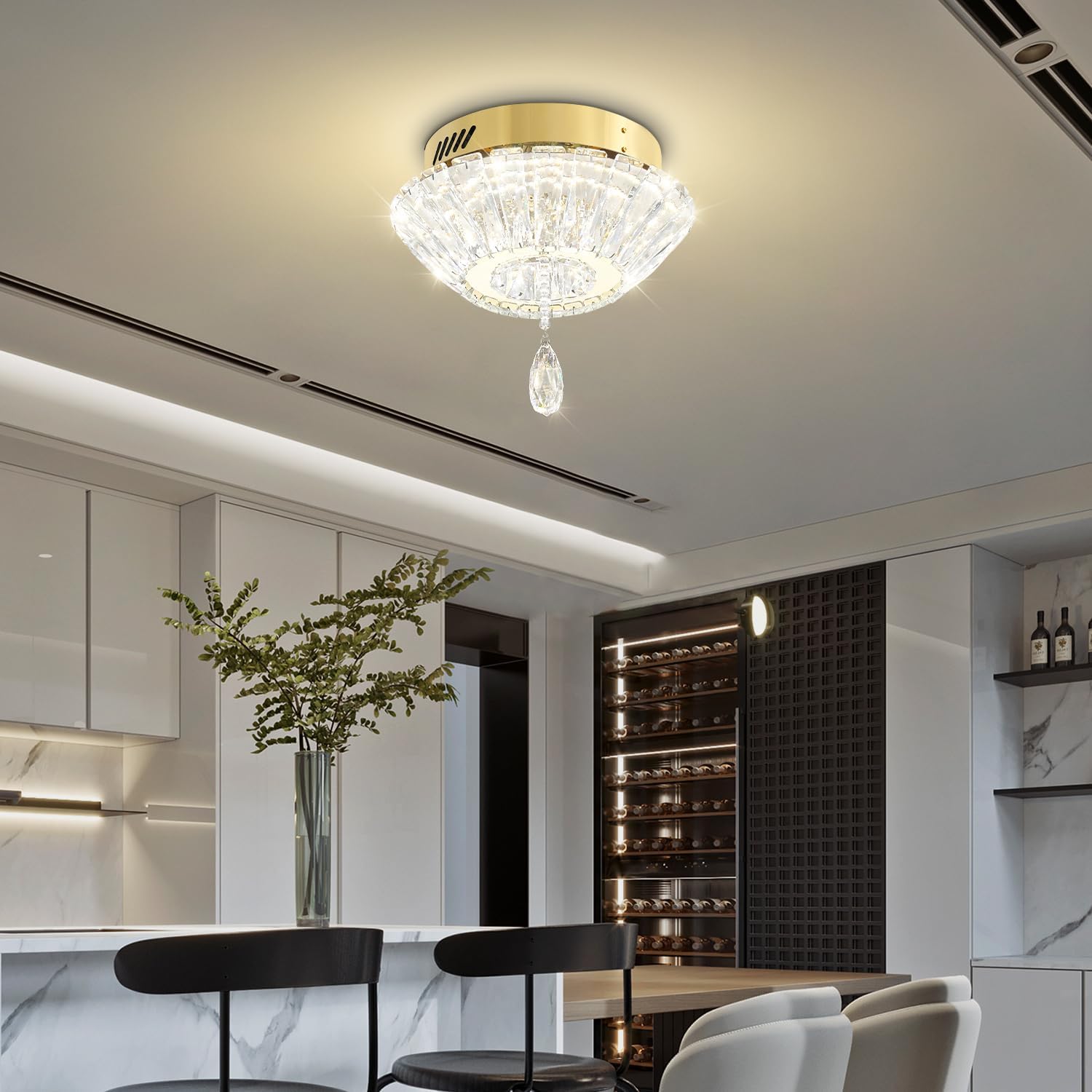 11.8" Mini Gold Crystal Chandelier LED Modern Flush Mount Ceiling Light for Hallway,Bedroom, Kitchen,