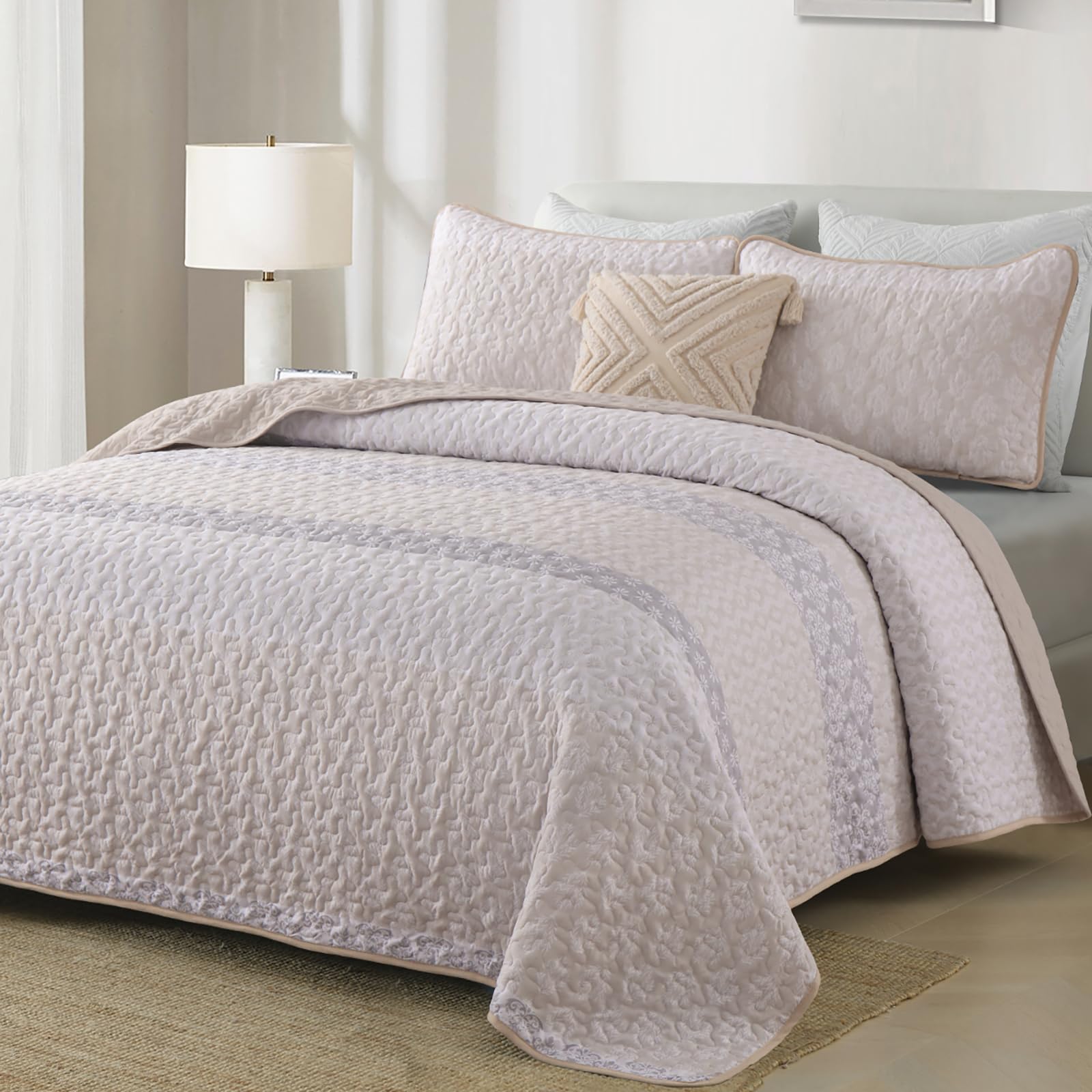 Boho Quilt Set Queen Size Beige Bohemian Quilt Bedding Set Striped Lightweight Summer Bedspread Coverlet Bedding Set 96"x90" (3 Pieces)