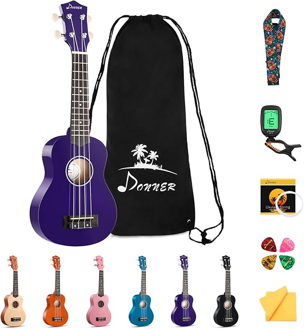 Donner Ukulele Beginner Soprano Ukulele Kit 21 inch Starter Set Adult Ukelele Hawaii Guitar with Uke Oneline Lesson String Tuner Picks DUS-10 Purple