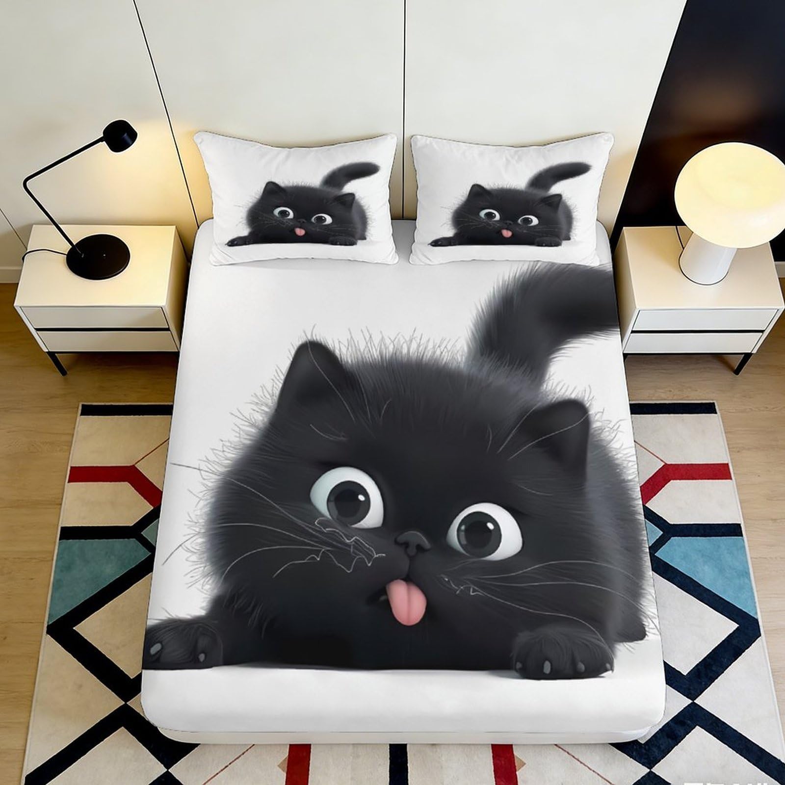 3D Printed Black Cat Cartoon Fitted Sheet Microfiber Anti-Slip Mattress Cover, Bedroom Dorm Protection, Machine Washable 180x200x25cm