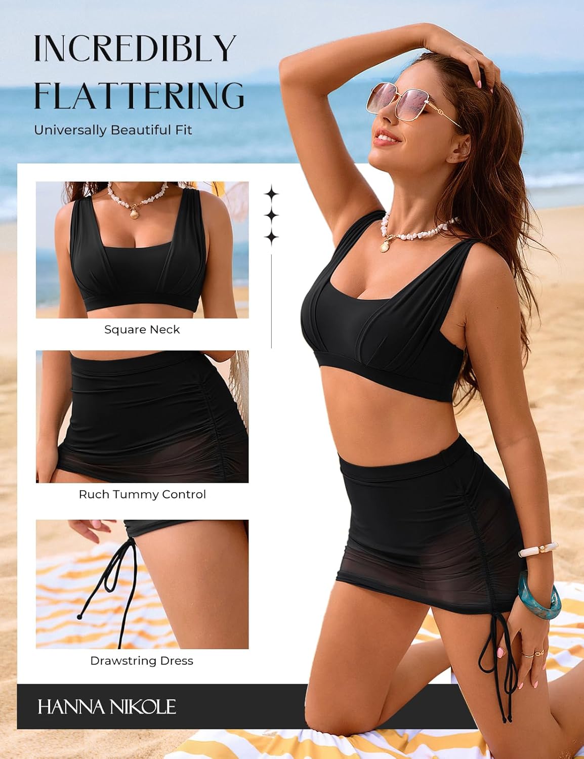 Hanna Nikole Womens High Waisted Swim Skirt, Tummy Control Mesh Bikini Sets, 2 Piece Swimsuit Drawstring Bathing Suits - Image 4