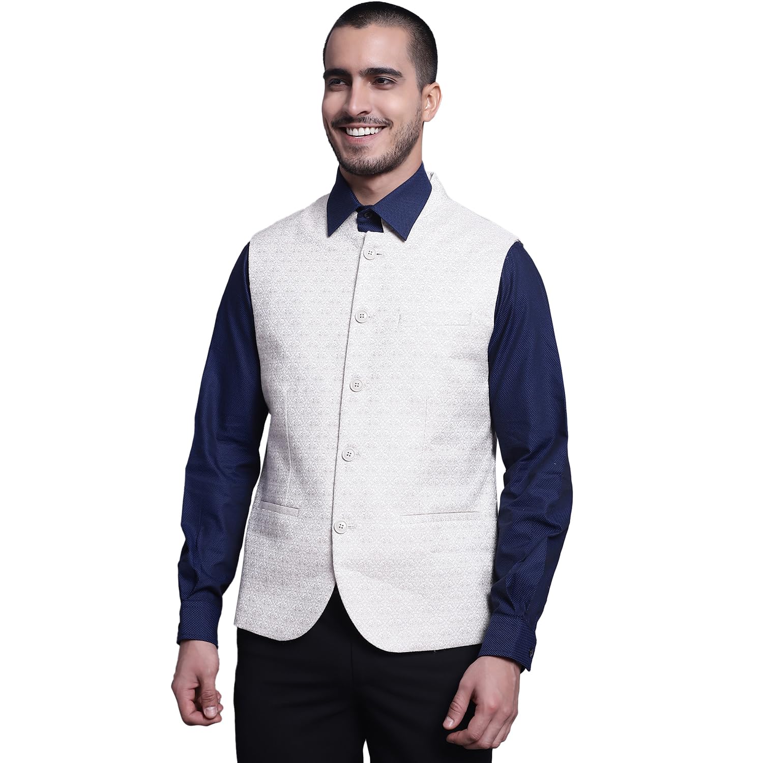 cantabil Men's Printed Fawn Mandarin Collar Waist Coat-picture-10