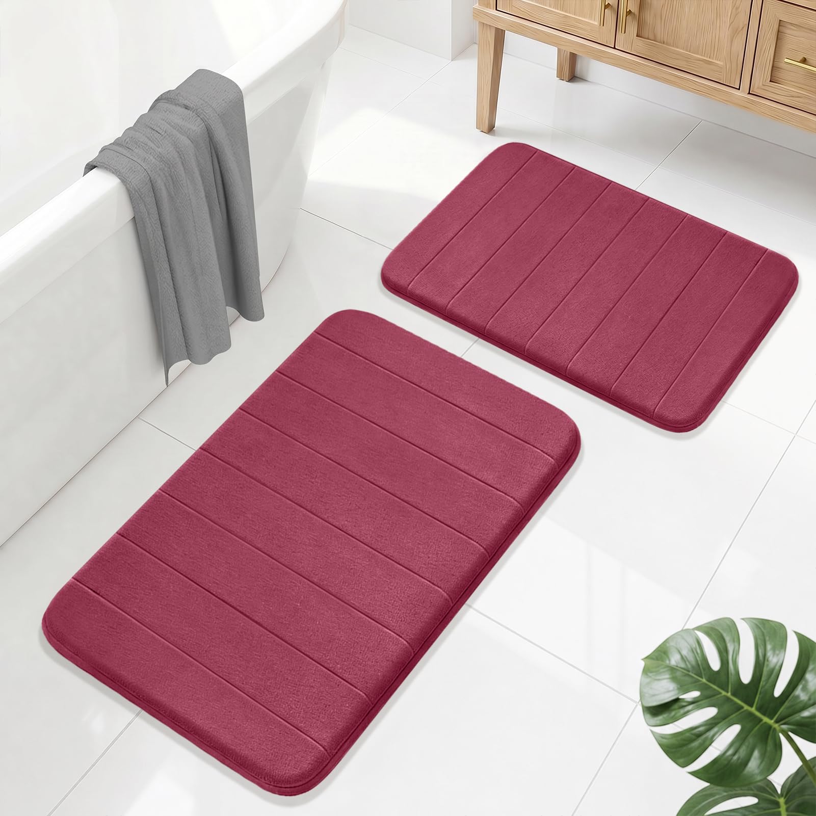 LUSCHEER Bathroom Mat Sets 2 Piece, Memory Foam Bath Mat, Red