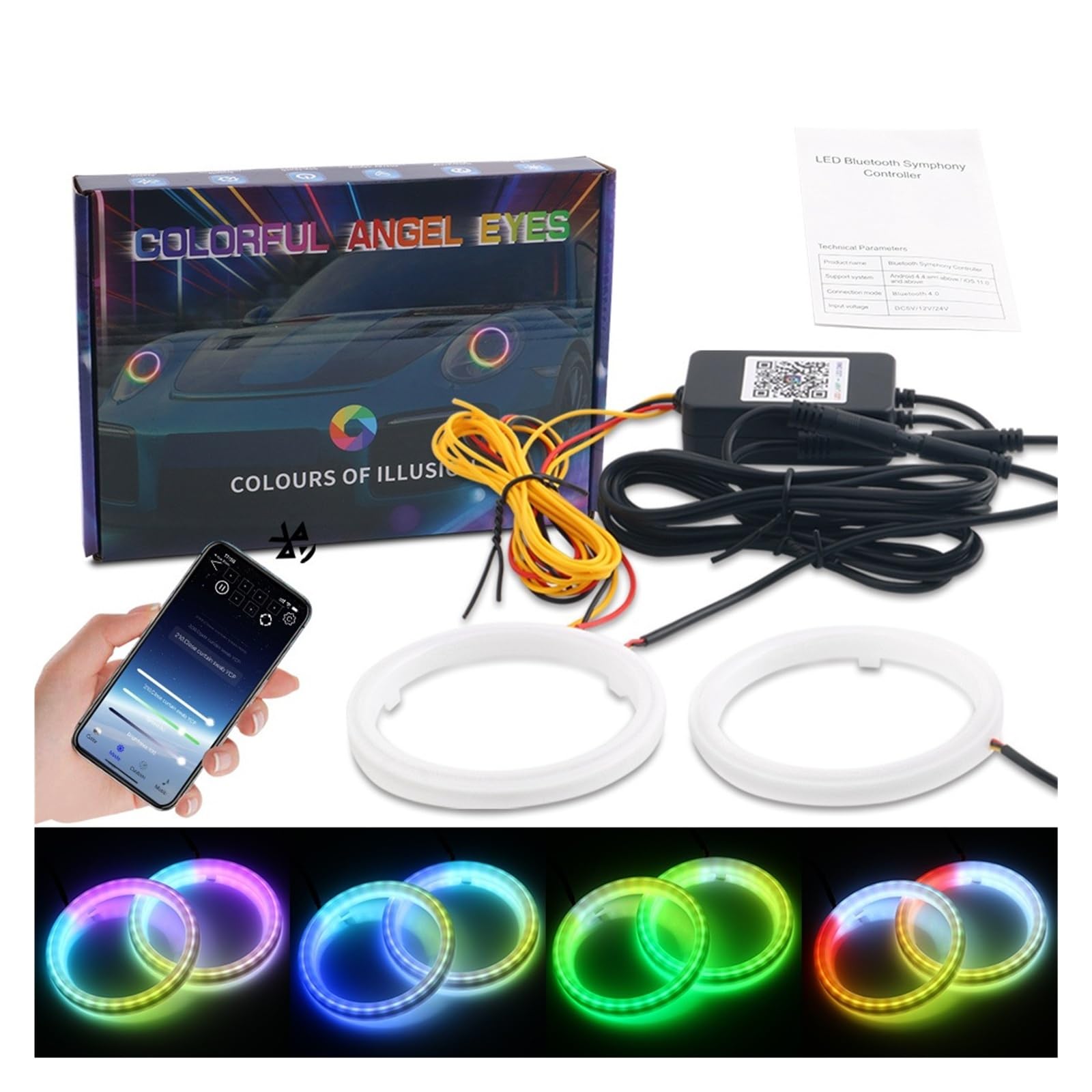 2 szt. 60-90 mm RGB Angel Eye Halo Ring DRL Turn Signal App Bluetooth (100 mm)