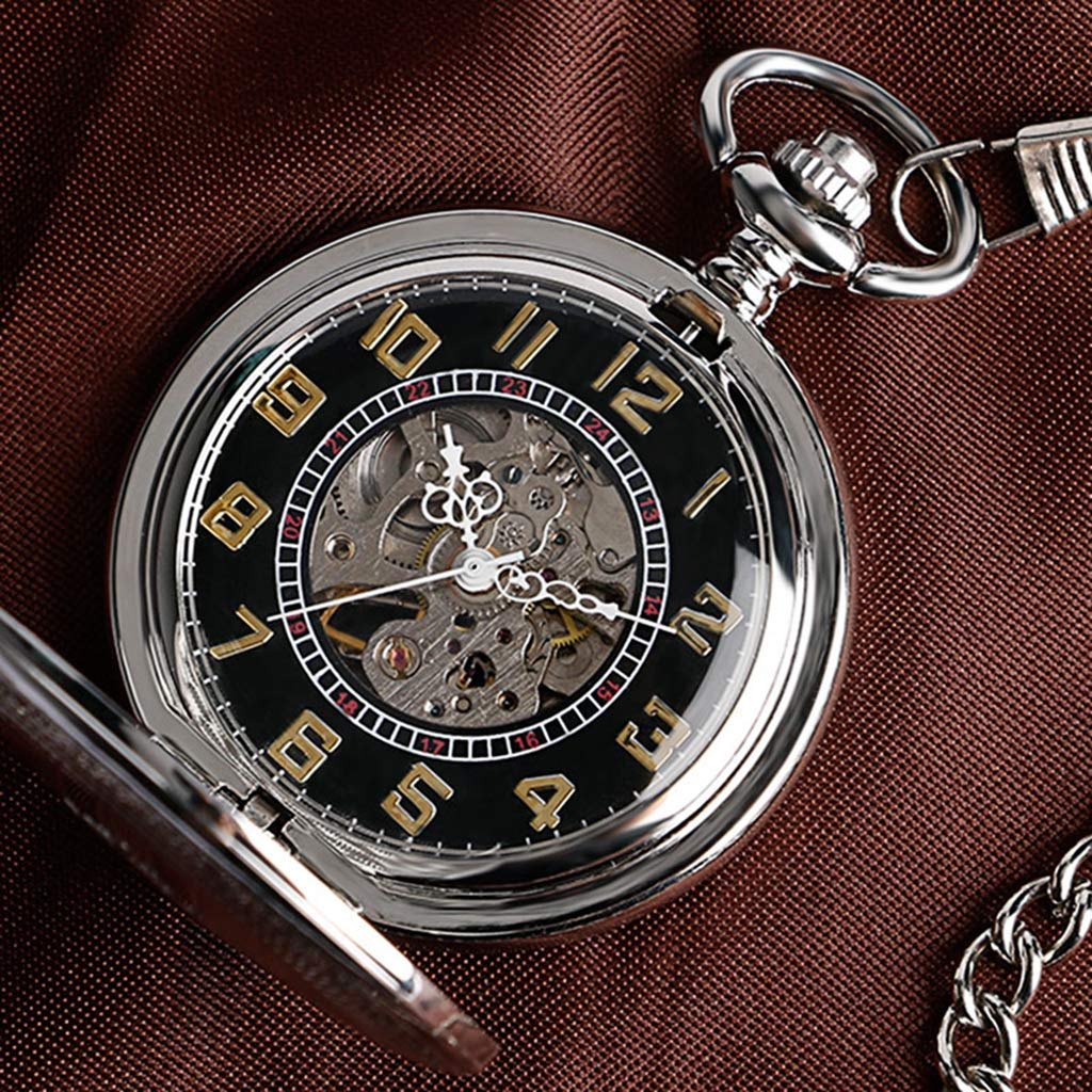 J-Love Reloj de Bolsillo con Cuerda automática, Esqueleto mecánico automático, Reloj de Bolsillo, diseño de Escudo Plateado Vintage, Esqueleto Negro con Cadena de 30cm