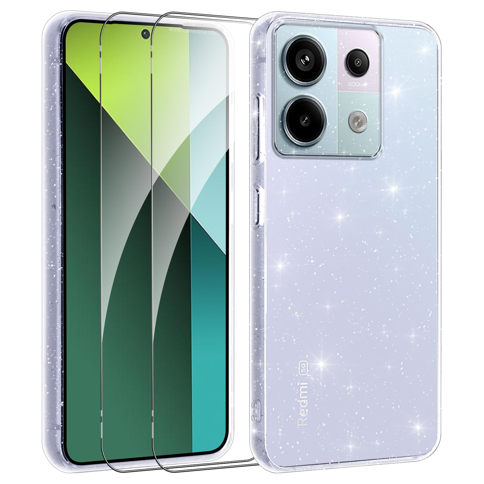 Brokat etui do Xiaomi Redmi Note 13 Pro 5G/Poco X6 5G 6,67 cala z 2 folią ochronną ze szkła hartowanego, estetyczne, odporne na wstrząsy błyszczące etui, miękki silikon TPU, przezroczysty