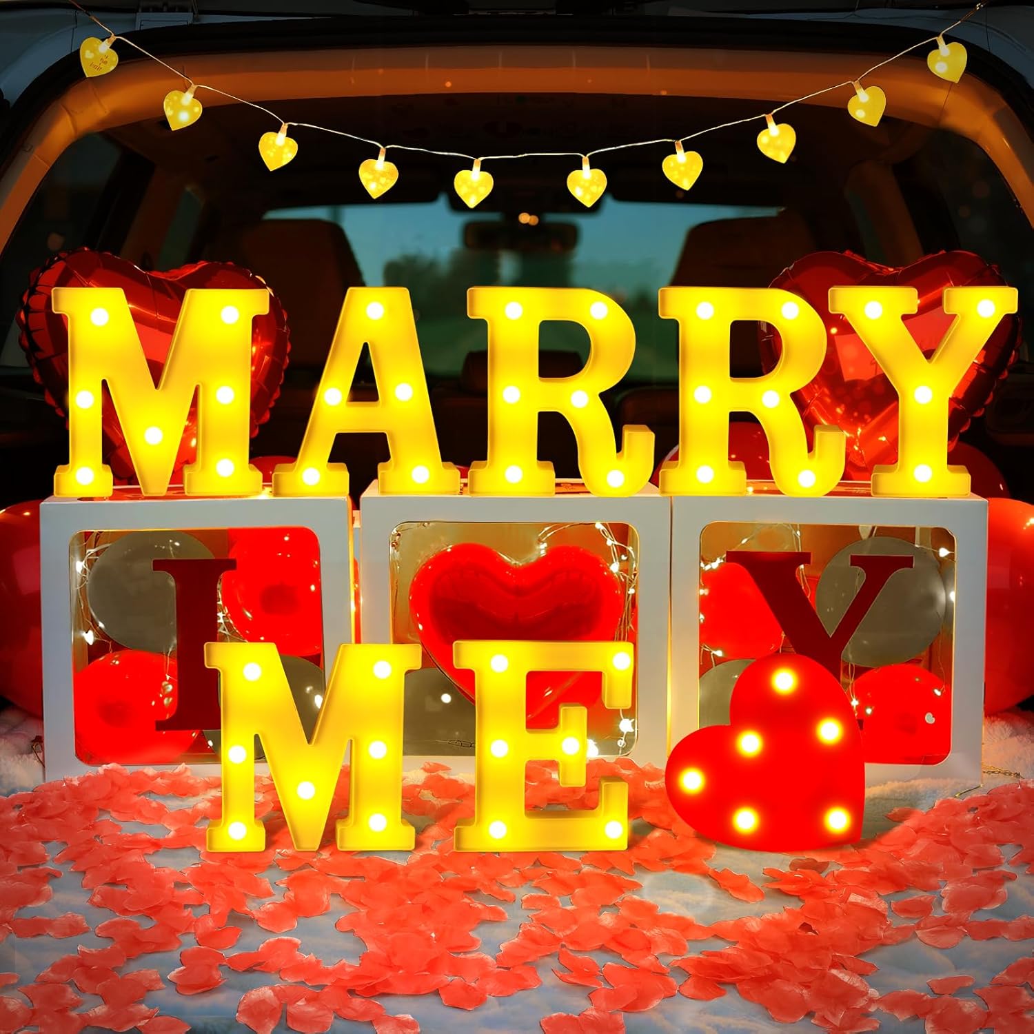 Marry Me Light Up Letters Sign Proposal Decorations Will You Marry Me Sign with Red Fake Rose Petals for Valentine's Day Wedding Engagement Romantic Night Anniversary Banquet Props (Yellow Light, Red)