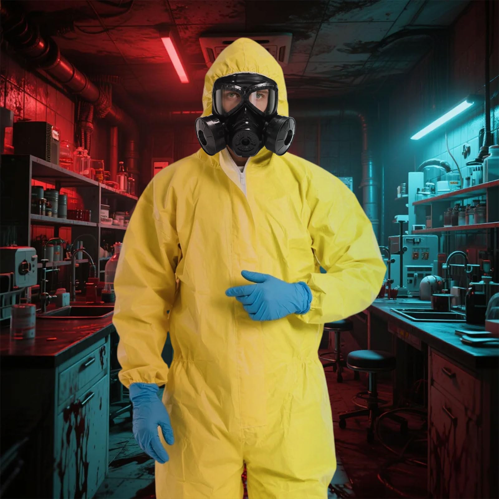 Costume d'Halloween Hazmat, combinaison jaune à capuche avec gants, masque et cordon pour déguisement, cosplay