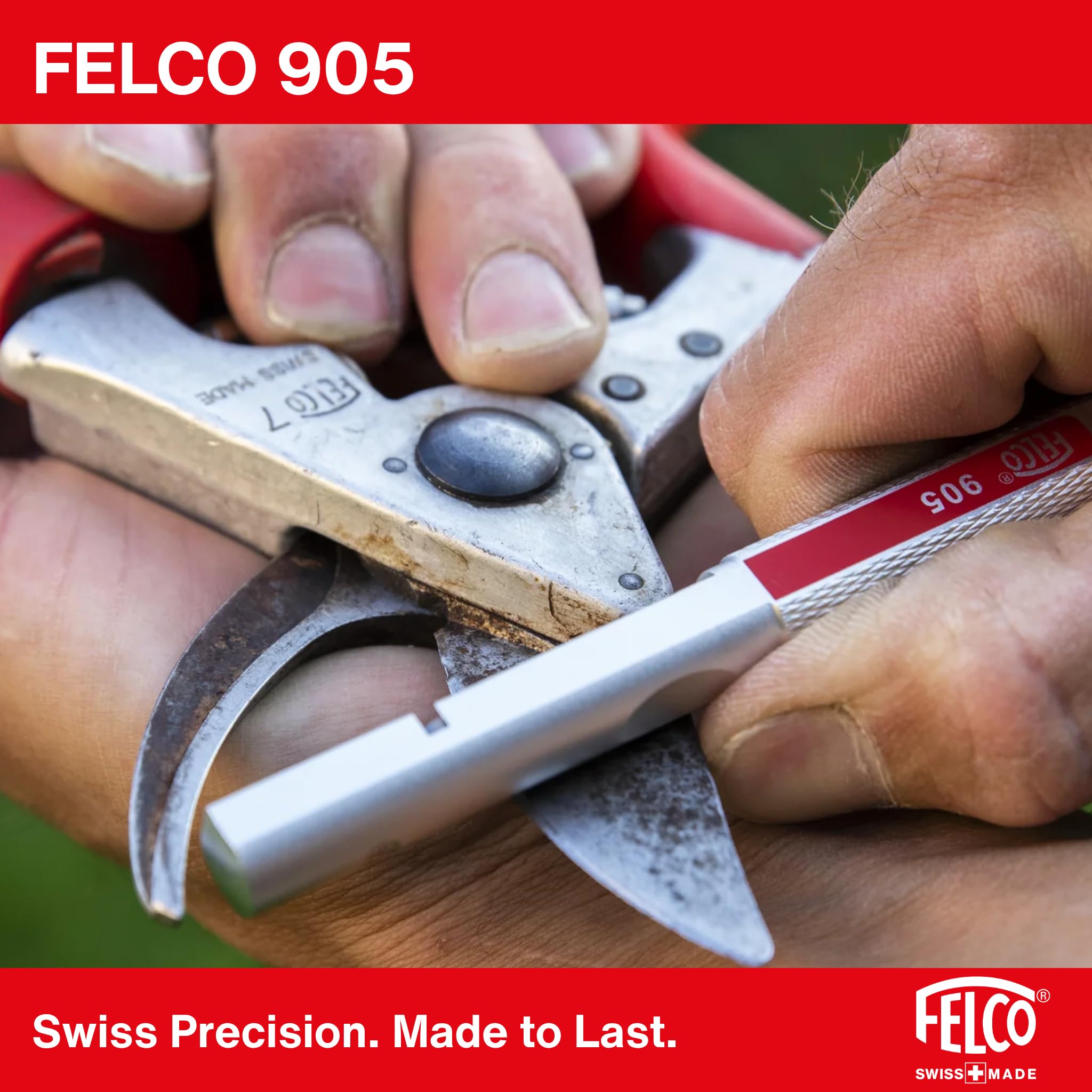FELCO 2 Tijera de Podar Profesional Bypass 25 mm para Mano Derecha y Manos Grandes + Afilador Multifunción FELCO 905 para Mantenimiento Preciso y Duradero