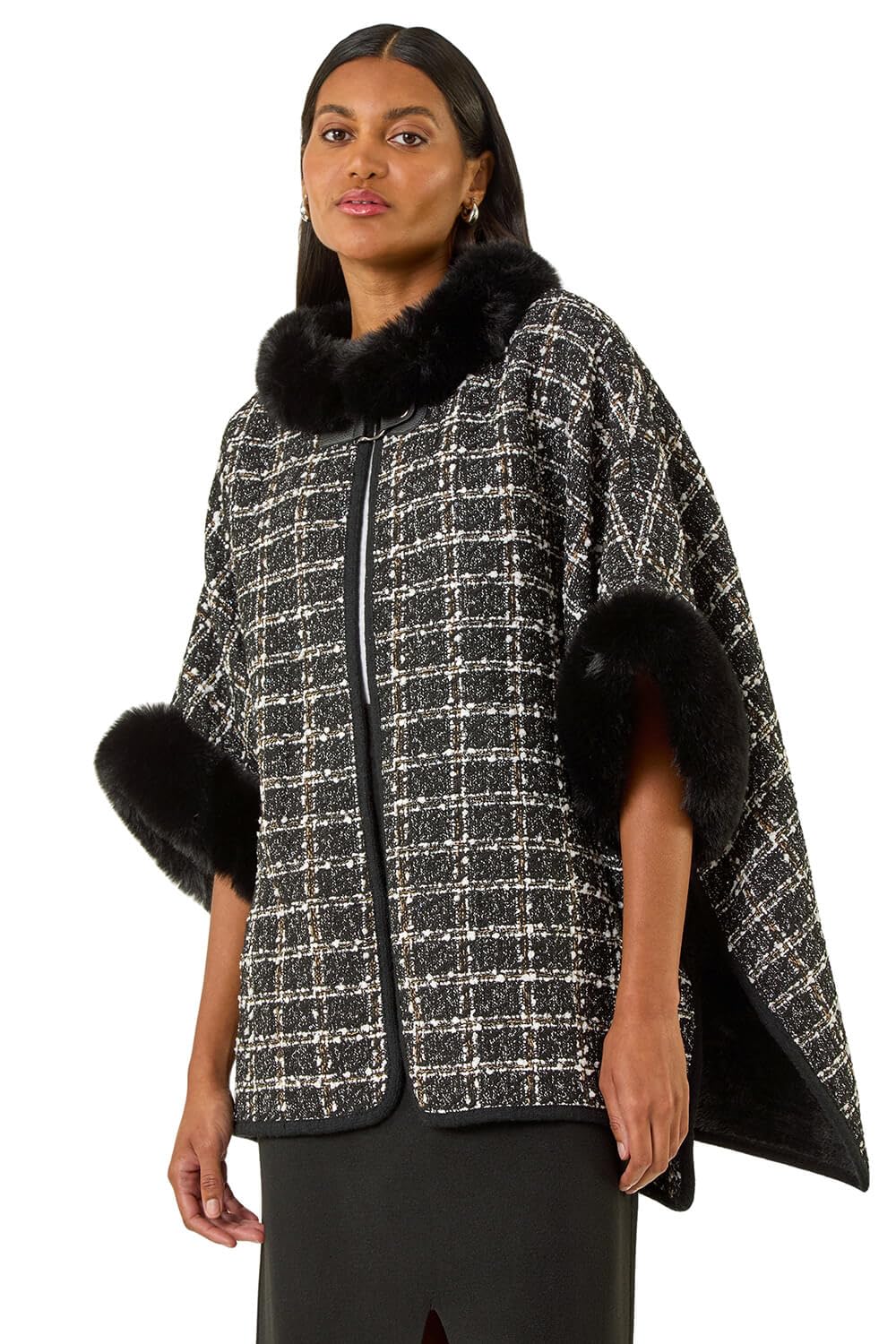 Roman Originals Women's Black Faux Fur Jacquard Knit Poncho For Uk - Everyday Autumn Winter Round Neckline Comfy Soft Evening Vacation Work Party Night Out - Size One