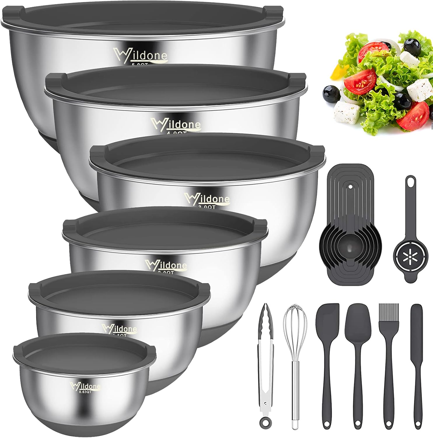 Wildone Mixing Bowls with Airtight Lids, 19 PCS Stainless Steel Metal Bowls, with Non-Slip Silicone Bottoms & Measurement Marks, Size 5, 4, 3, 2,1.5, 0.63QT, Great for Mixing & Serving (Gray)
