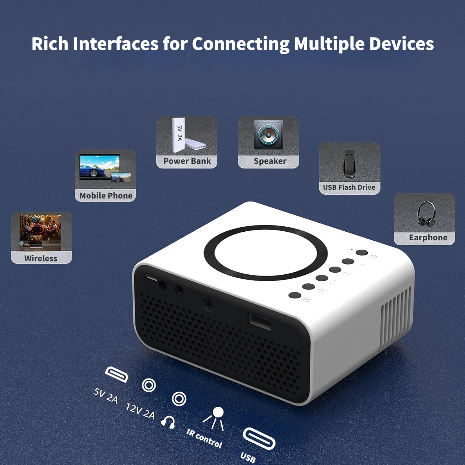 Mini Projecteur Portable Haute Définition 1080P Haut-parleurs 4Ω 2W Intégrés Protection des Yeux Projecteur de Cinéma Maison pour iOS pour Android pour Ordinateur Portable (Blanc)