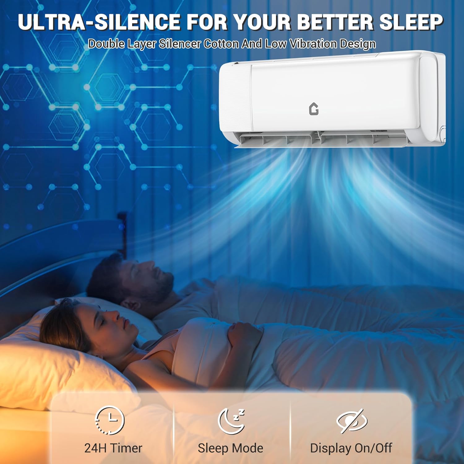 Bedroom scene with Garvee Mini-Split Heat Pump operating quietly, highlighting 24H Timer, Sleep Mode, and Display On/Off features.