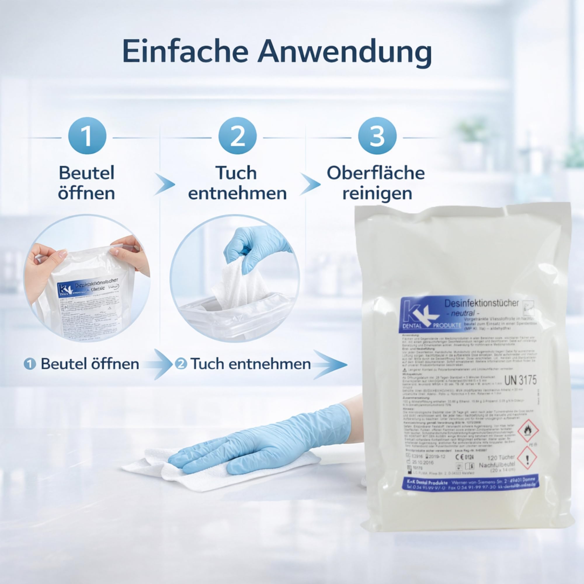 KK Desinfektionstücher Set, praktische Spenderdose mit 120 Desinfektionstüchern und 3 Nachfüllbeutel mit 120 gebrauchsfertigen Tüchern, Duftsorte: Neutral, Flächendesinfektionsmittel