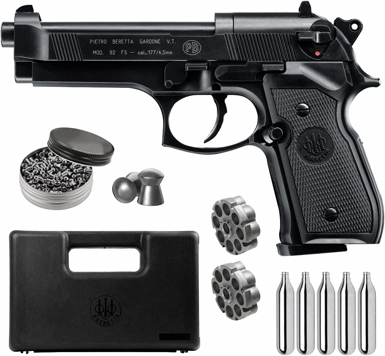 Beretta M92FS Air Gun with 5x12 CO2 Tanks and Pack of 500ct Lead Pellets Bundle BlackAccessories