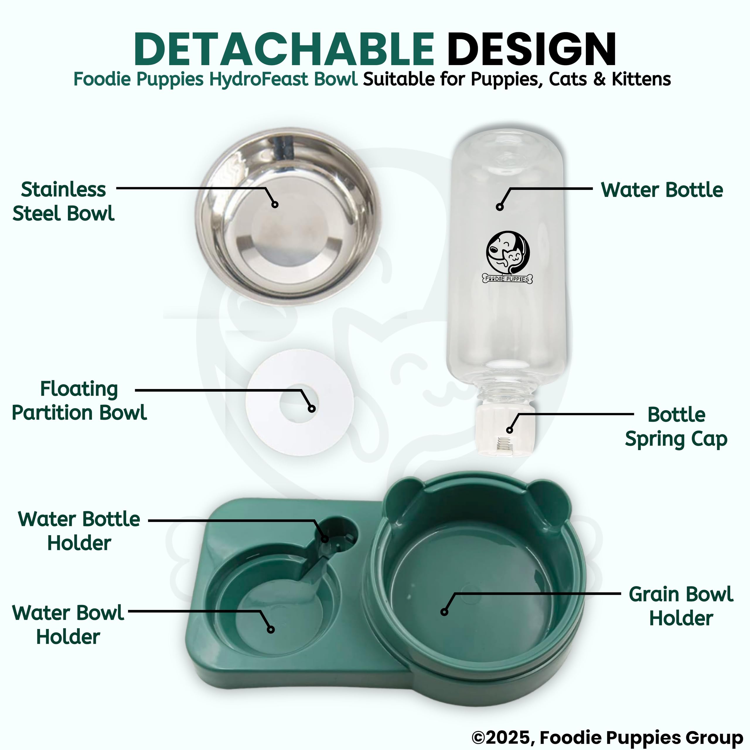 Foodie Puppies 2 in 1 Cat Feeder Bowls with Automatic Water Dispenser - (HydroFeast Bowl), Detachable Design, Stainless Steel, Tilted Raised Bowl for Puppies, Small Dogs, Cats, Kittens 2