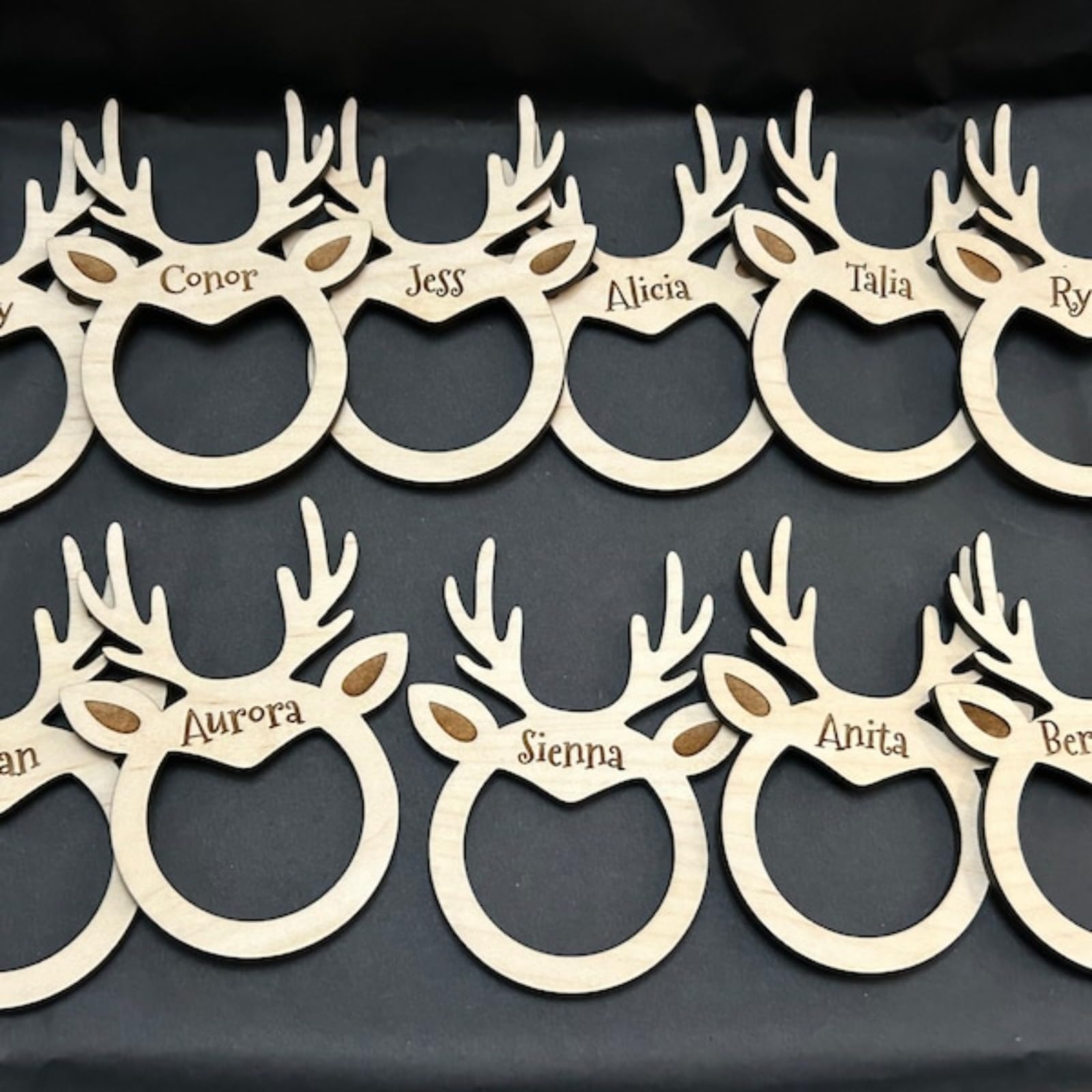 Portatovaglioli natalizi in legno a forma di renna, personalizzabili, con incisione, segnaposto, segnaposto, decorazione da tavola, decorazione per la cena, per Natale, vacanze, matrimoni, casa