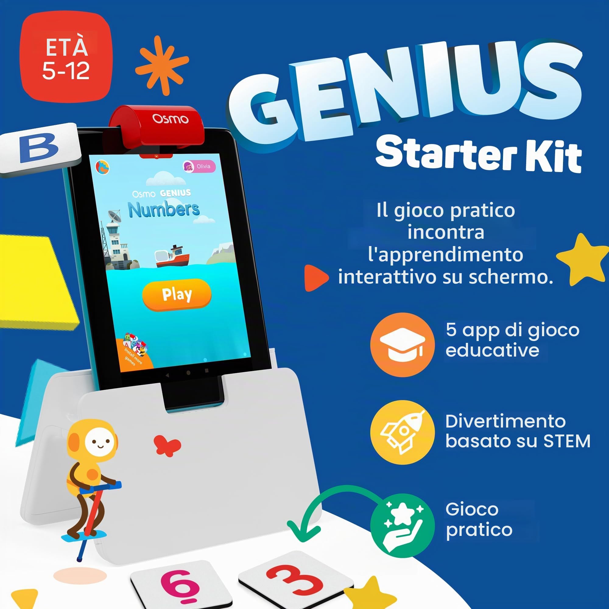 Osmo for Learning Games-Ages Genius Starter Kit 5 giochi di apprendimento Hands-On-età 6-10-Problem Solving & Creativity-STEM-, base tablet Fire inclusa, Colore, 901-0008/901-00028, Esclusivo Amazon