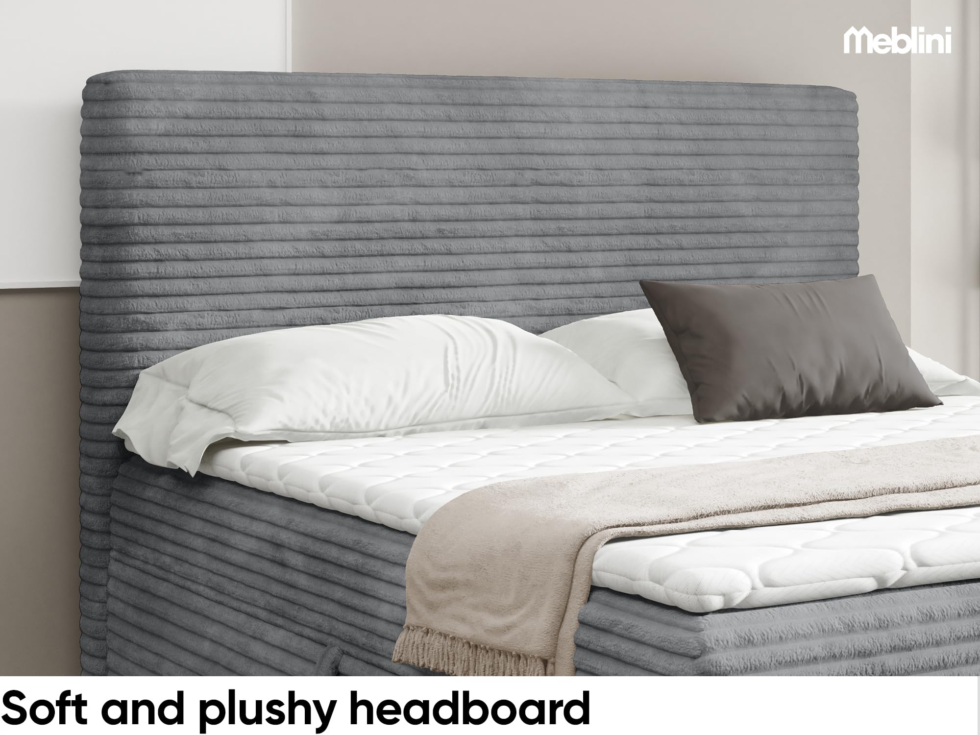 MEBLINI Boxspringbett mit Bettkasten - 160x220 - H4/Grau Cordstoff - Talia - Gepolstert Doppelbett mit Matratze und Topper - Polsterbett mit Stauraum - Bett mit Kopfteil - Stauraumbett