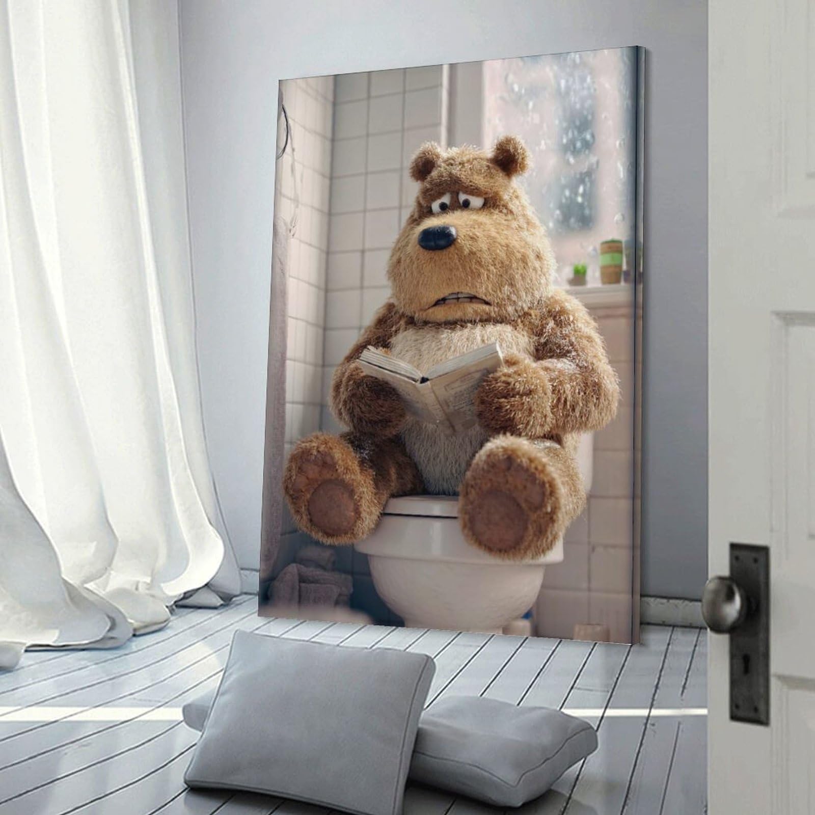 Junmoney Frame-Style-11 Wall Art Print Bear Reading On A Toilet, 16X24inch(40X60cm), For Contemporary Homes, Apartments Or Offices, An Easy Choice For New Home Styling