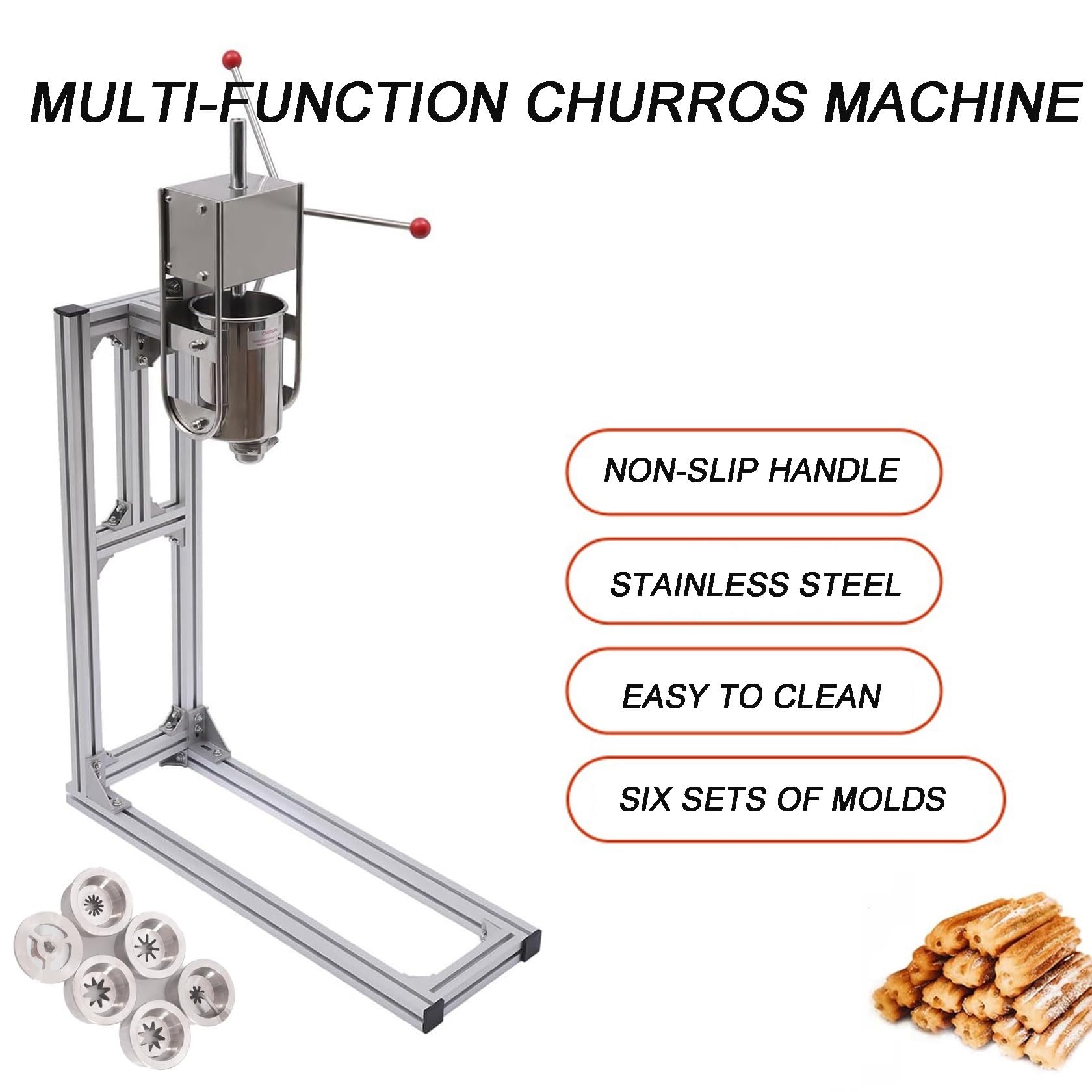 Churro Maker Machine - Churrera manual de acero inoxidable con 6 boquillas y soporte para uso doméstico