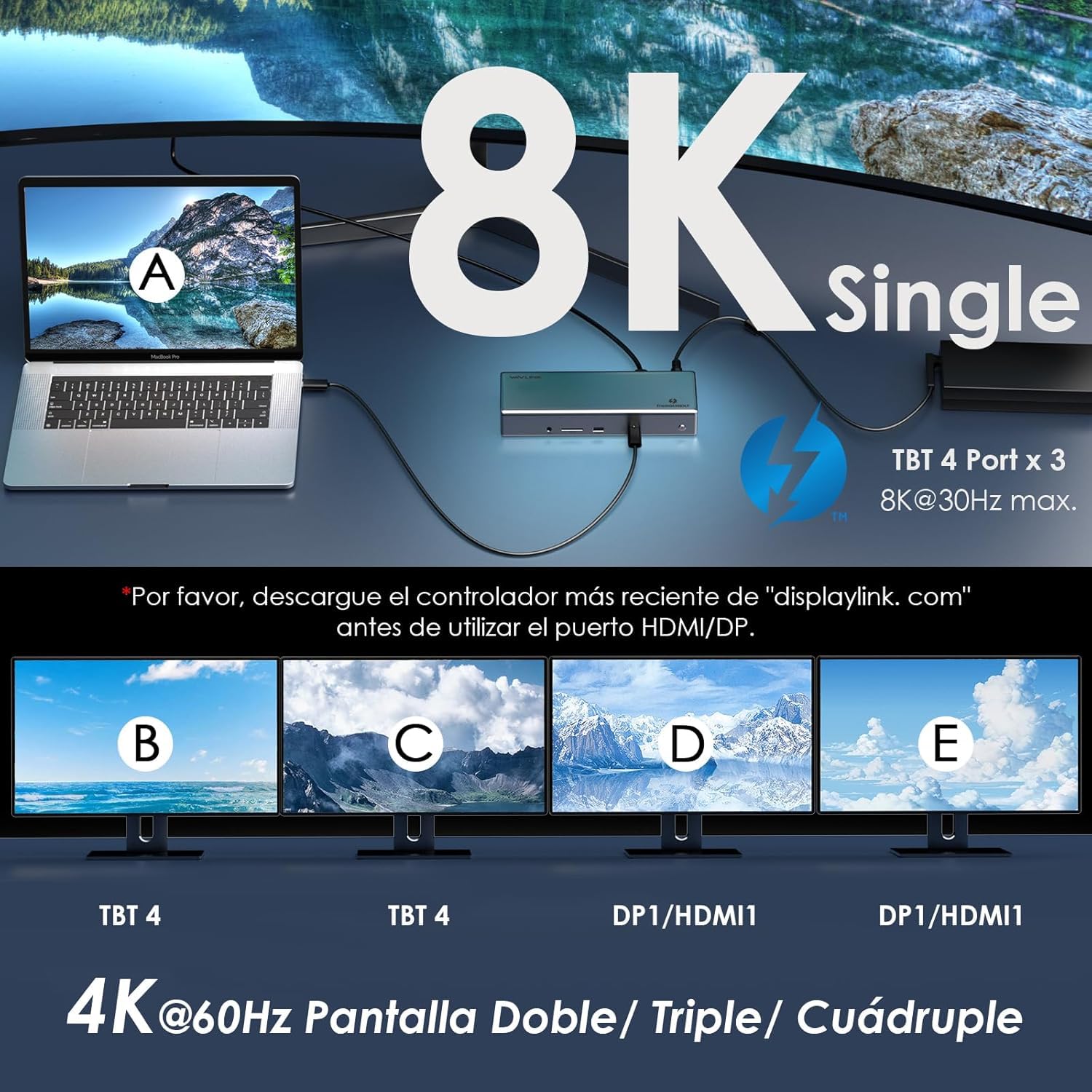 WAVLINK Thunderbolt 4 Docking station 15 in 1, 98 W PD, Single 8 K/Quad 4K Display Docking station con 2 DP/2 HDMI, 4 porte Thunderbolt 4, 4 porte USB A, 2.5 GbE, SD, audio/Mic, compatibile con